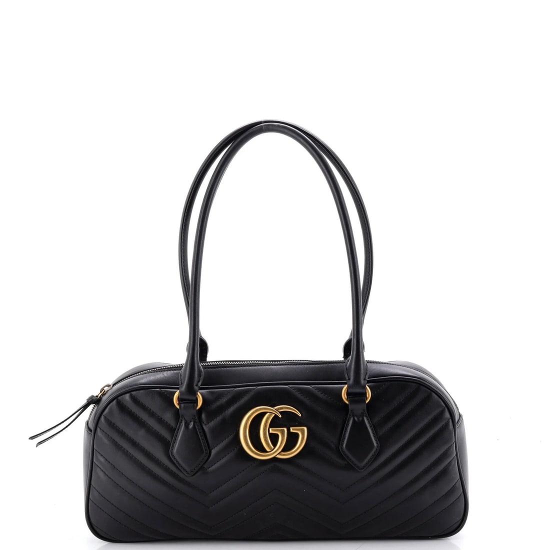 Gucci GG Marmont Top Handle Bowler Bag Matelasse Leather Medium: Gucci GG Marmont Top Handle Bowler Bag Matelasse Leather Medium Scuffs and minor creases adorn the exterior of this Gucci GG Marmont Top Handle Bowler Bag, giving it a worn-in look. The matelasse