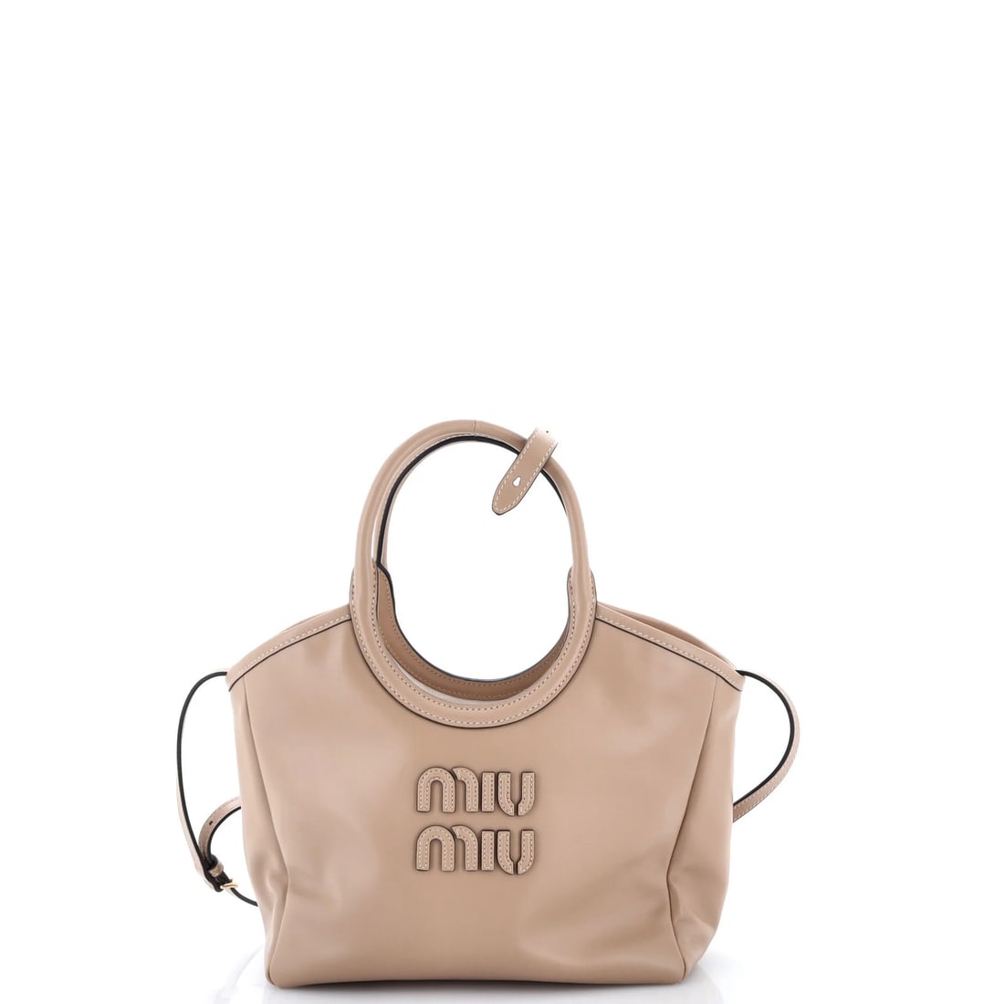 Small leather tote bag from Miu Ivy: Small leather tote bag from Miu Ivy Small Miu Ivy Leather Tote Bag in Neutral Color. This small leather tote bag from Miu Miu features neutral exterior and interior colors, with a gold hardware