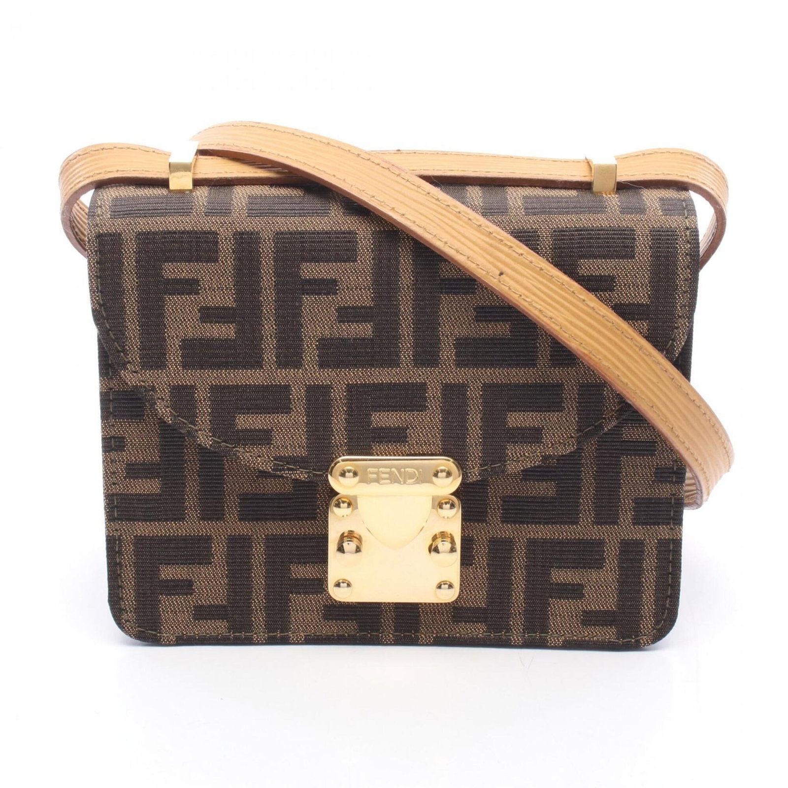 Canvas leather shoulder bag by Fendi: Canvas leather shoulder bag by Fendi Canvas leather shoulder bag by Fendi, featuring a sturdy canvas base and premium leather accents in black and brown hues. Measuring 14cm x 17.5cm x 4cm, this
