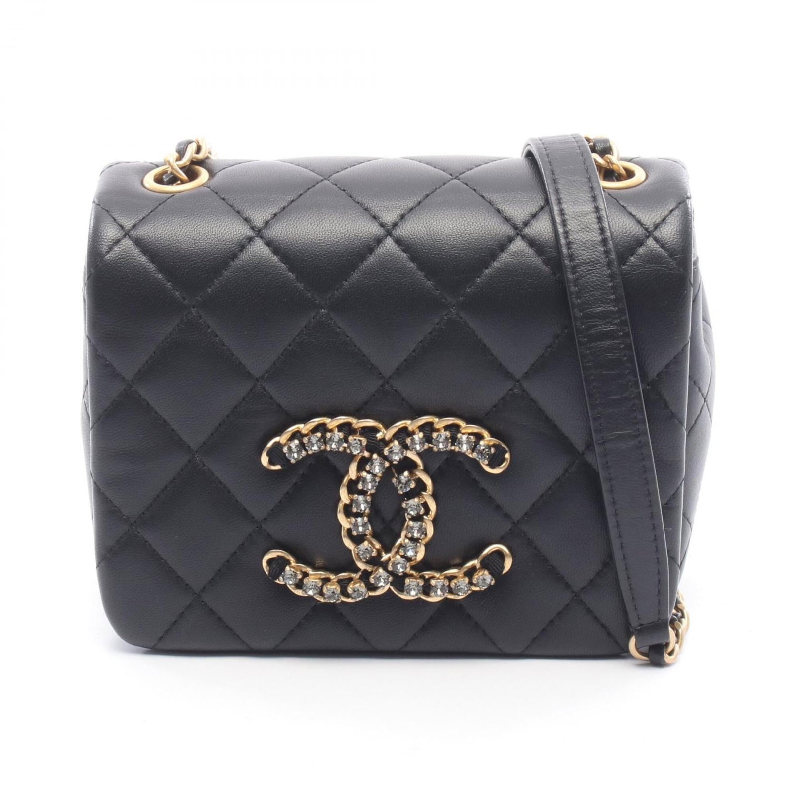 Chanel Handbag Shoulder Bag Leather: Chanel Handbag Shoulder Bag Leather Black lambskin leather Chanel shoulder bag with dimensions 12cm x 15cm x 5.5cm, featuring the iconic brand's signature style and craftsmanship. This elegant