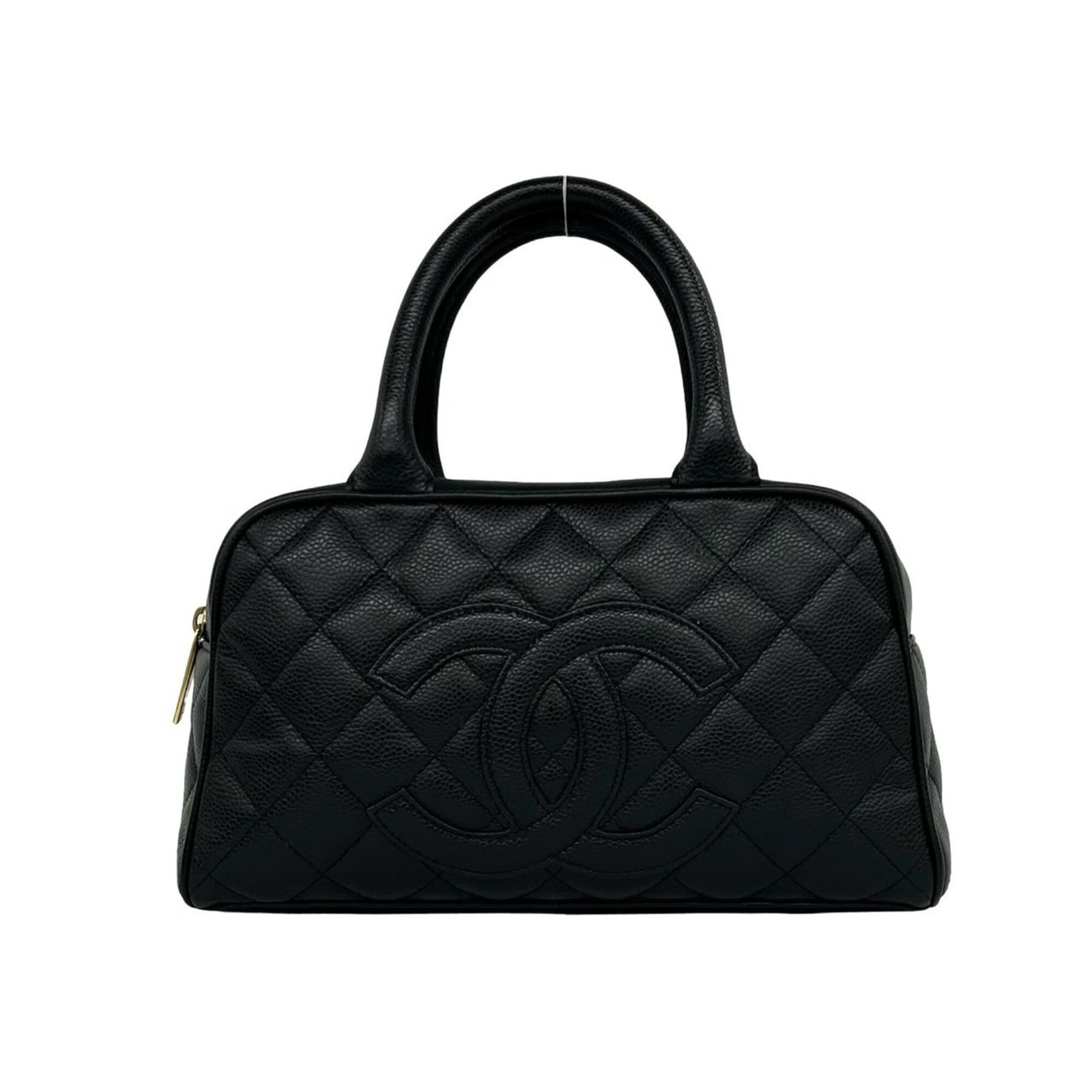 Calfskin handbag bag Boston Chanel: Calfskin handbag bag Boston Chanel Calfskin Boston bag from Chanel features grained Calfskin material and a sleek black design. This handbag measures 16cm x 26.5cm x 8.5cm, making it a compact yet sty