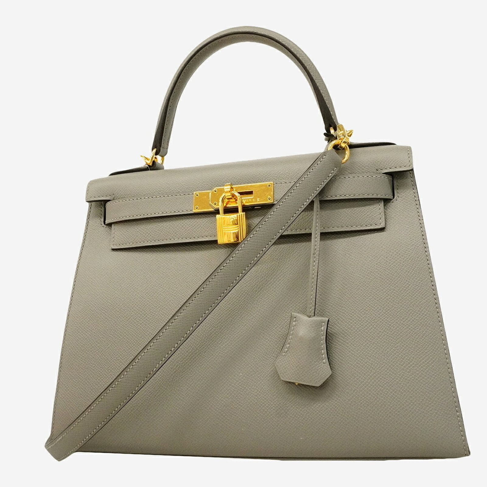 Handbag Leather by Hermes: Handbag Leather by Hermes Gray Epsom leather handbag by Hermes, featuring gold hardware and a sleek size of 21.5cm x 29cm x 11.5cm. This stylish bag boasts classic design elements that have become syn