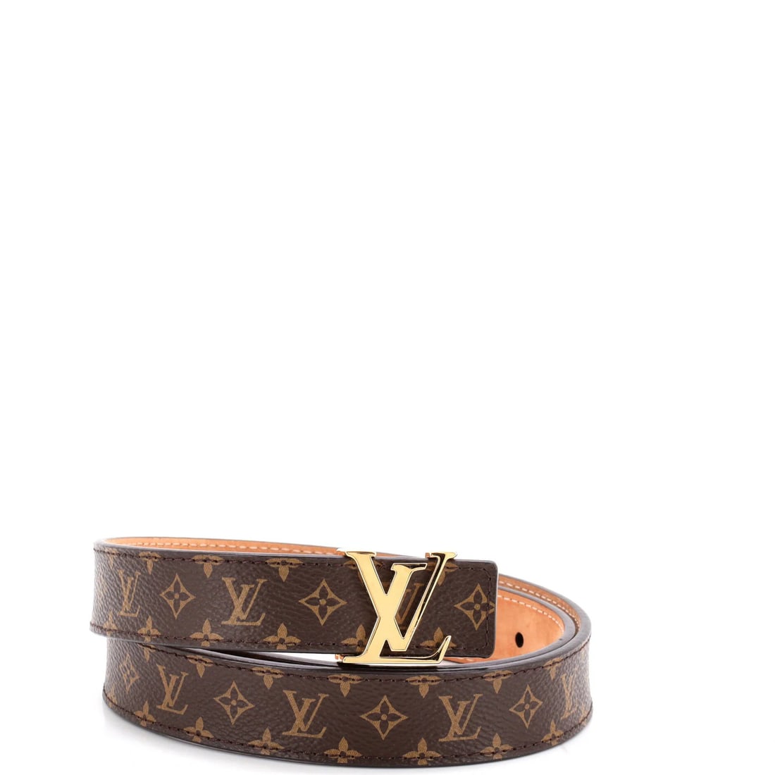 Canvas Belt Monogram Louis Vuitton LV Initiales Thin: Canvas Belt Monogram Louis Vuitton LV Initiales Thin Brown canvas belt with gold hardware, featuring the iconic Louis Vuitton monogram pattern. This thin belt measures 30 inches in length and has a cl