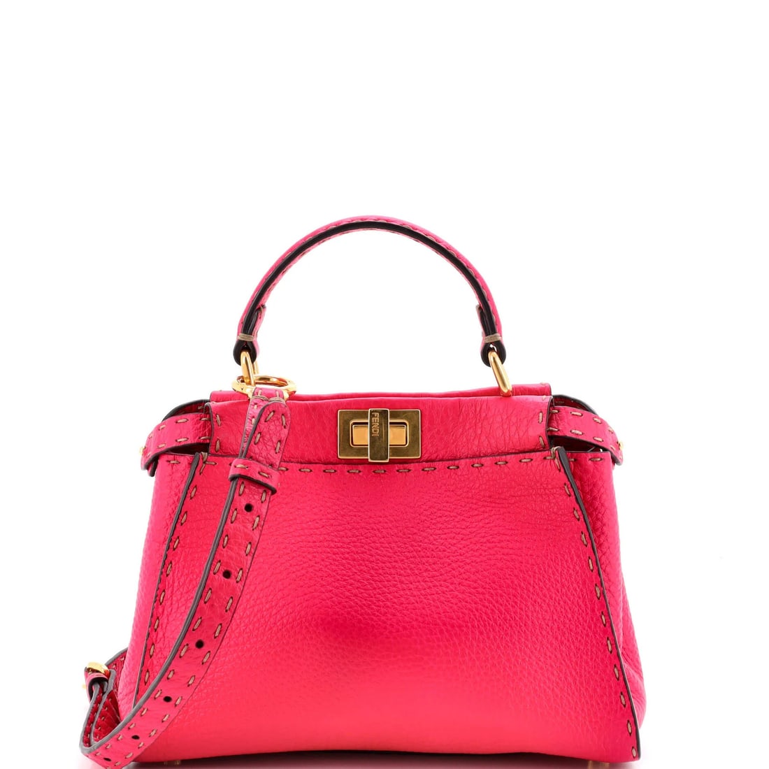 Selleria Peekaboo Fendi Mini Leather Bag: Selleria Peekaboo Fendi Mini Leather Bag Pink Fendi Selleria Peekaboo Mini Leather Bag with Gold Hardware, featuring top handle and adjustable strap. Measures 7" tall, 9" wide, and 3" deep, with a