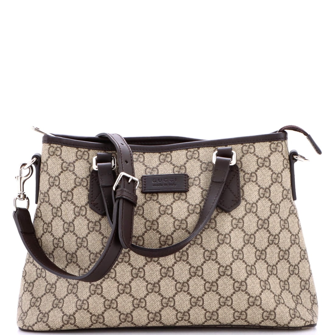 Zip Tote Convertible Coated Canvas Leather Tote with Small GG Gucci: Zip Tote Convertible Coated Canvas Leather Tote with Small GG Gucci Small GG Gucci Convertible Zip Tote with Coated Canvas and Leather Exterior in Brown, featuring a classic design with a zip closure.