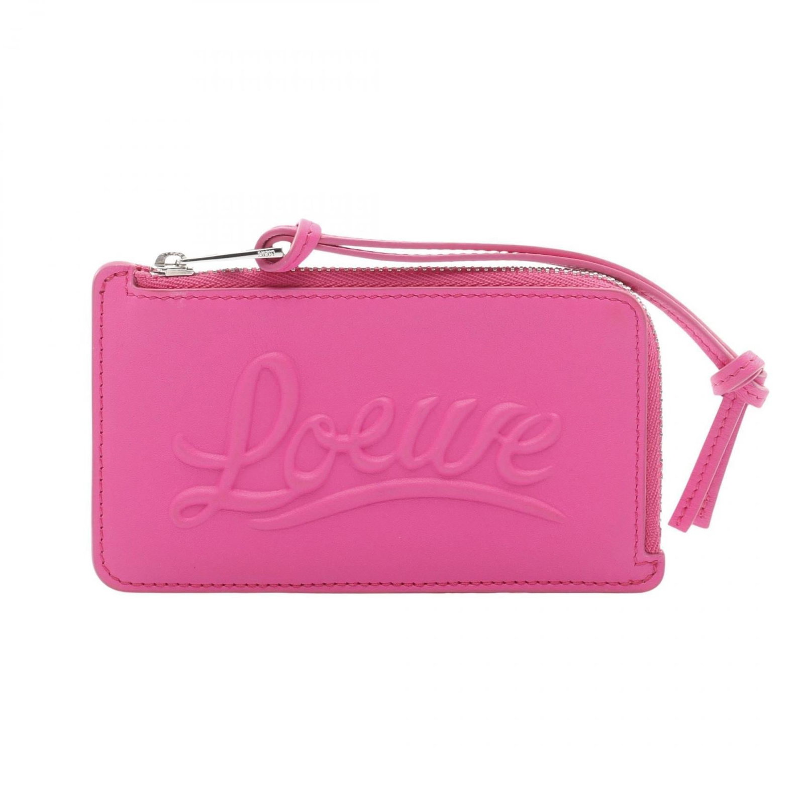 Card case leather from Loewe: Card case leather from Loewe This pink leather card case from Loewe features a sleek design and premium materials. Made from high-quality leather, it measures 7.5cm x 13cm x 5mm in size. The simple ye