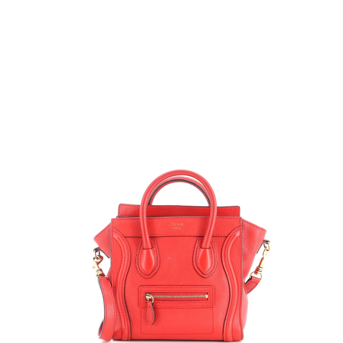 Luggage bag in grainy leather nano: Luggage bag in grainy leather nano Red grainy leather nano cross body bag with gold hardware, featuring microfiber interior and adjustable strap. Measuring 8" height x 7.5" width x 4" depth, it has a