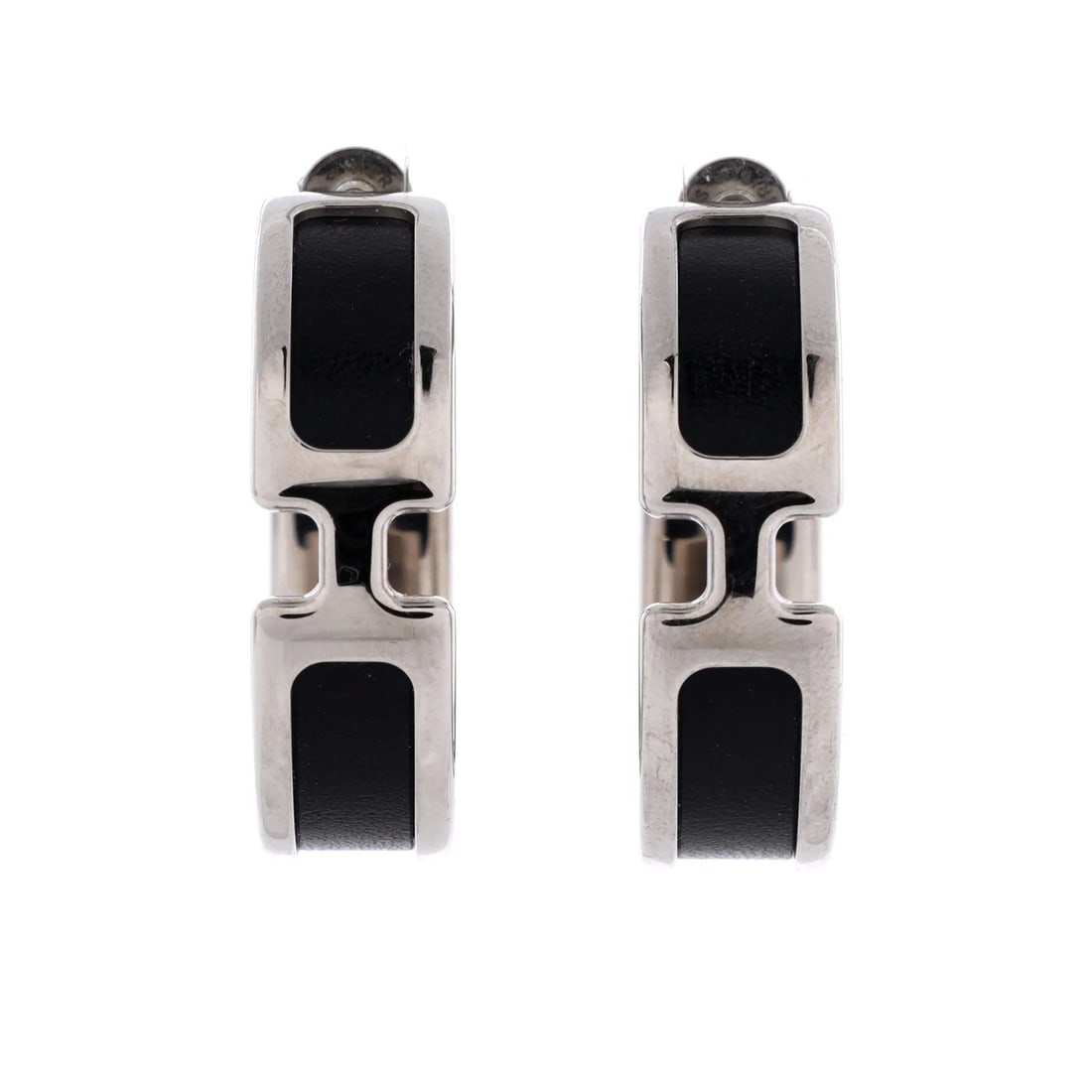 Hermes Olympe Hoop Earrings Metal and Leather: Hermes Olympe Hoop Earrings Metal and Leather Silver and black leather details add an edgy touch to the Olympe Hoop Earrings from Hermes. With minor scratches and wear, these earrings showcase a subtl