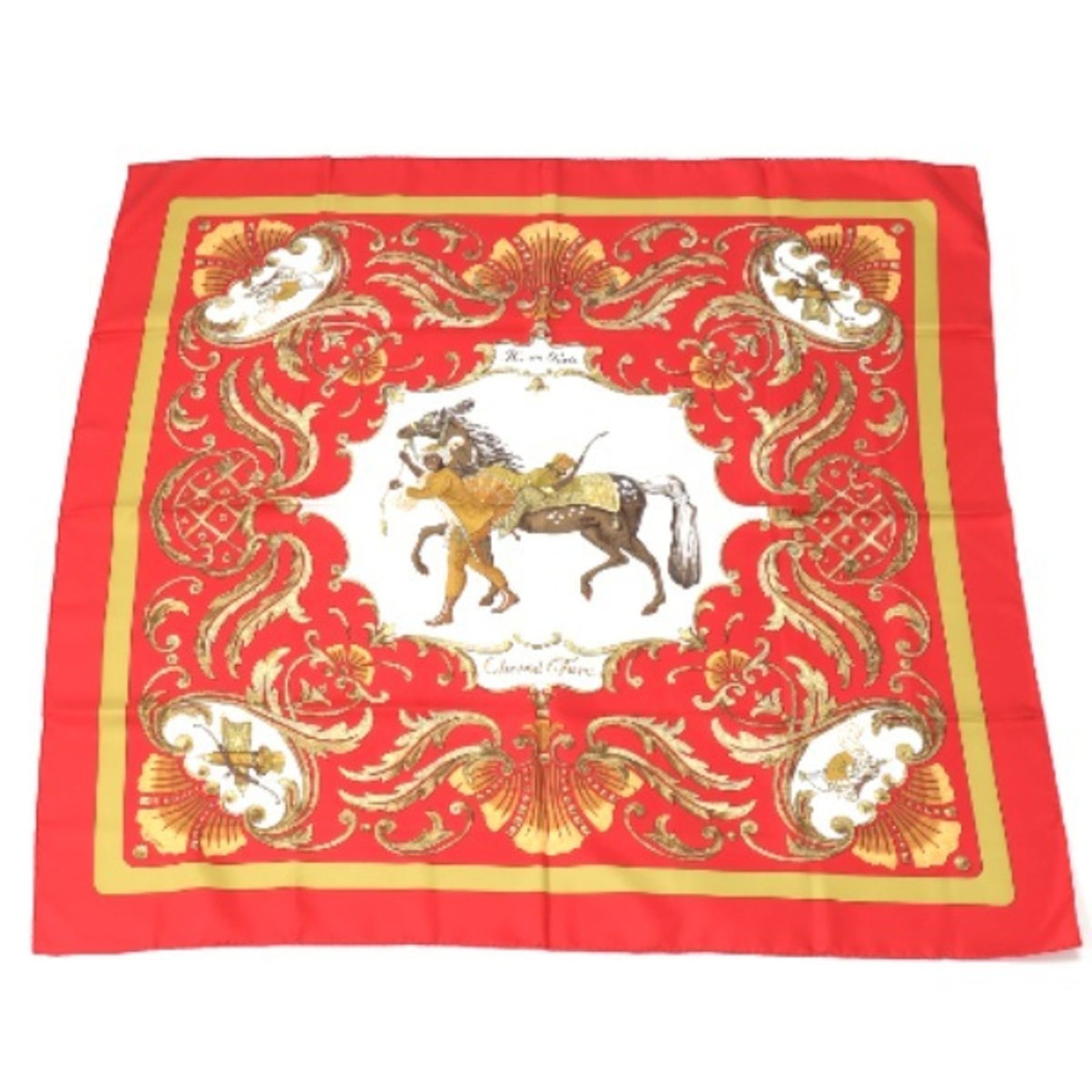 Hermes Silk Scarf: Hermes Silk Scarf Silk scarf from renowned French fashion house Hermes, featuring a vibrant red color and measuring 89cm x 89cm in size. Made from high-quality silk, this scarf showcases the iconic br