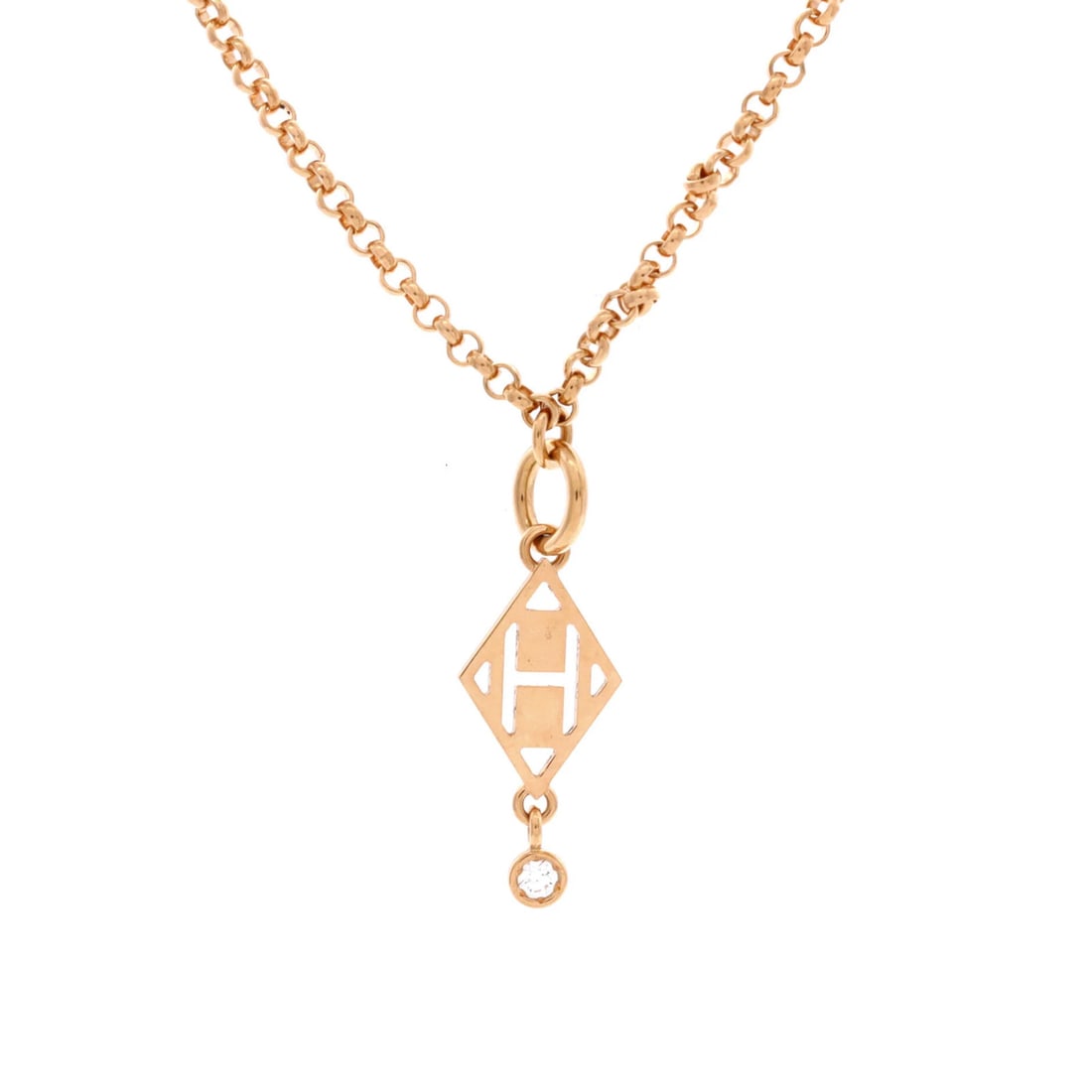 Rose Gold Pendant Necklace 18K with Diamond Hermes: Rose Gold Pendant Necklace 18K with Diamond Hermes 18K Rose Gold Pendant Necklace with Diamond from Hermes, featuring a Gambade H model and adorned with a diamond. This exquisite piece boasts a sleek 