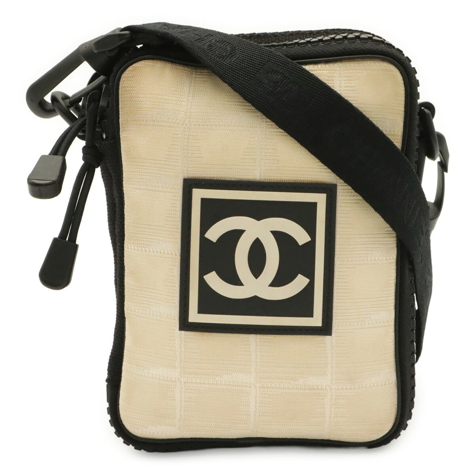 Nylon Jacquard Chanel Fanny Bag Shoulder Pack: Nylon Jacquard Chanel Fanny Bag Shoulder Pack Nylon Jacquard Chanel Fanny Bag Shoulder Pack - A sleek and versatile accessory from Italy, featuring a black and ivory jacquard design on a nylon
