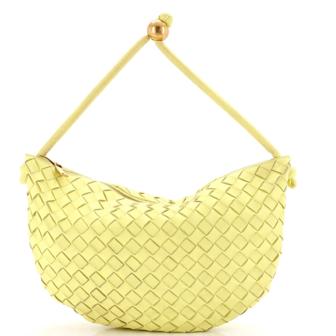 Intrecciato Pouch Medium Turn Bottega Nappa: Intrecciato Pouch Medium Turn Bottega Nappa Yellow Intrecciato Pouch with Suede Interior, Aged Gold Hardware. This Bottega Veneta Turn Pouch features the iconic Intrecciato weave in a vibrant yellow n