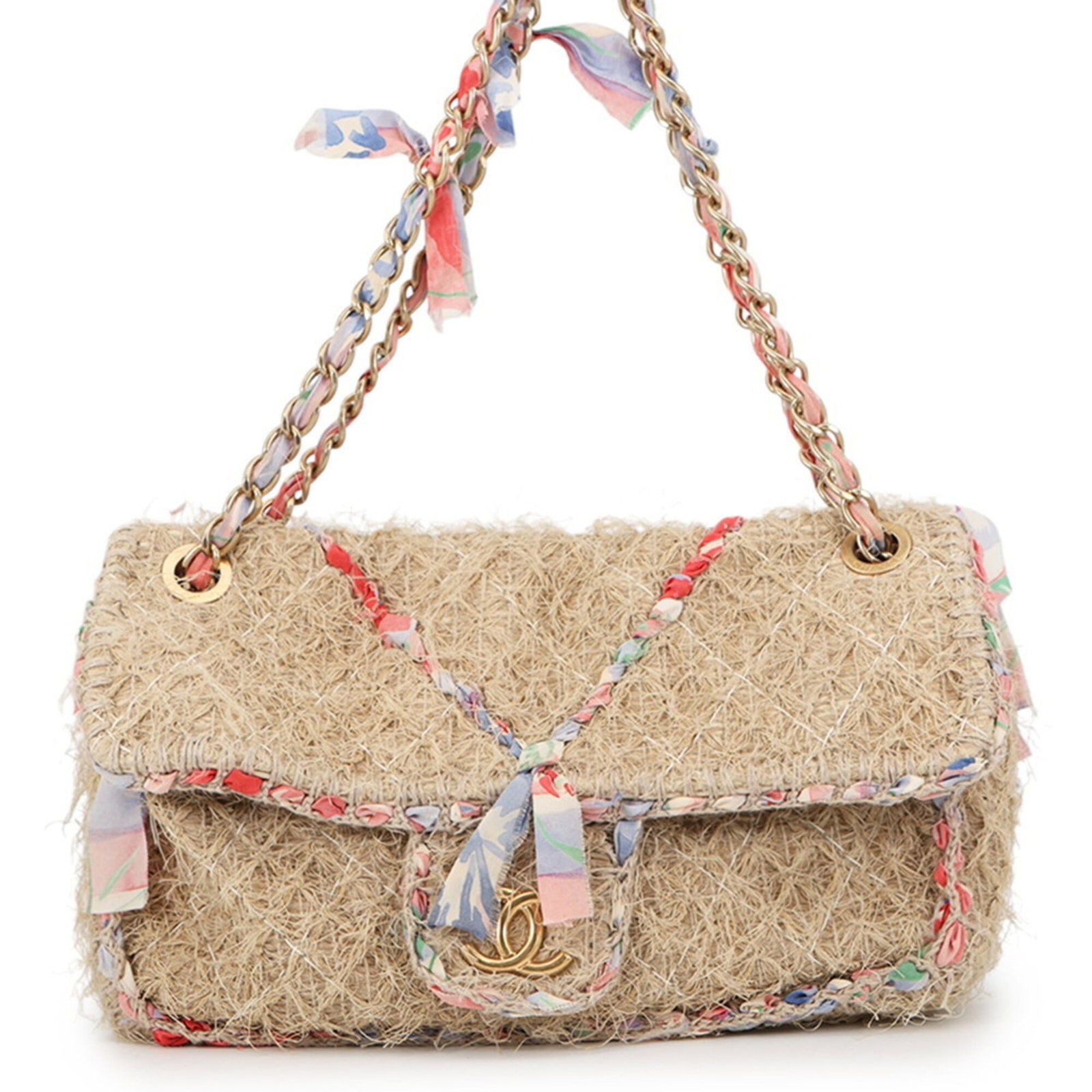 Chanel bag raffia shoulder: Chanel bag raffia shoulder Chanel's iconic raffia shoulder bag boasts a timeless design with its multi-color and beige hues, featuring a sturdy yet stylish construction. Measuring 16.5cm x 30cm x