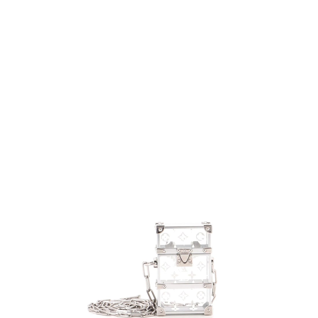 Trunk box pouch monogram plexiglass by Louis Vuitton: Trunk box pouch monogram plexiglass by Louis Vuitton Silver Louis Vuitton Trunk Box Pouch Monogram Plexiglass Cross Body Bag. Measures approximately 4" x 2.5" x 1". Features a clear, silver plexiglass