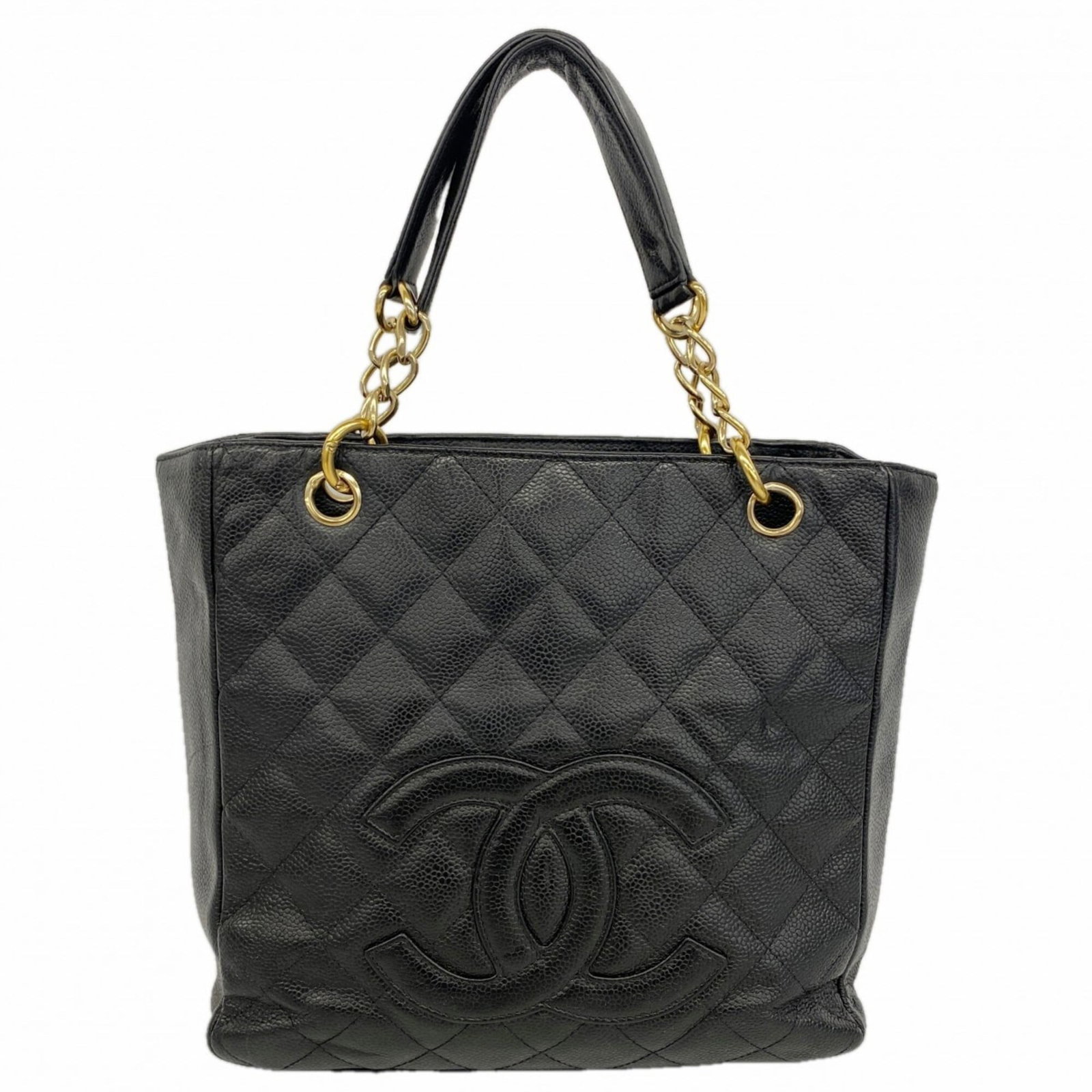 Calfskin bag tote by Chanel: Calfskin bag tote by Chanel Calfskin bag tote by Chanel, featuring black grain leather and gold hardware. This compact 24cm x 24cm x 8.5cm tote measures 9.44'' x 9.44'' x 3.34''. Made from high-qualit