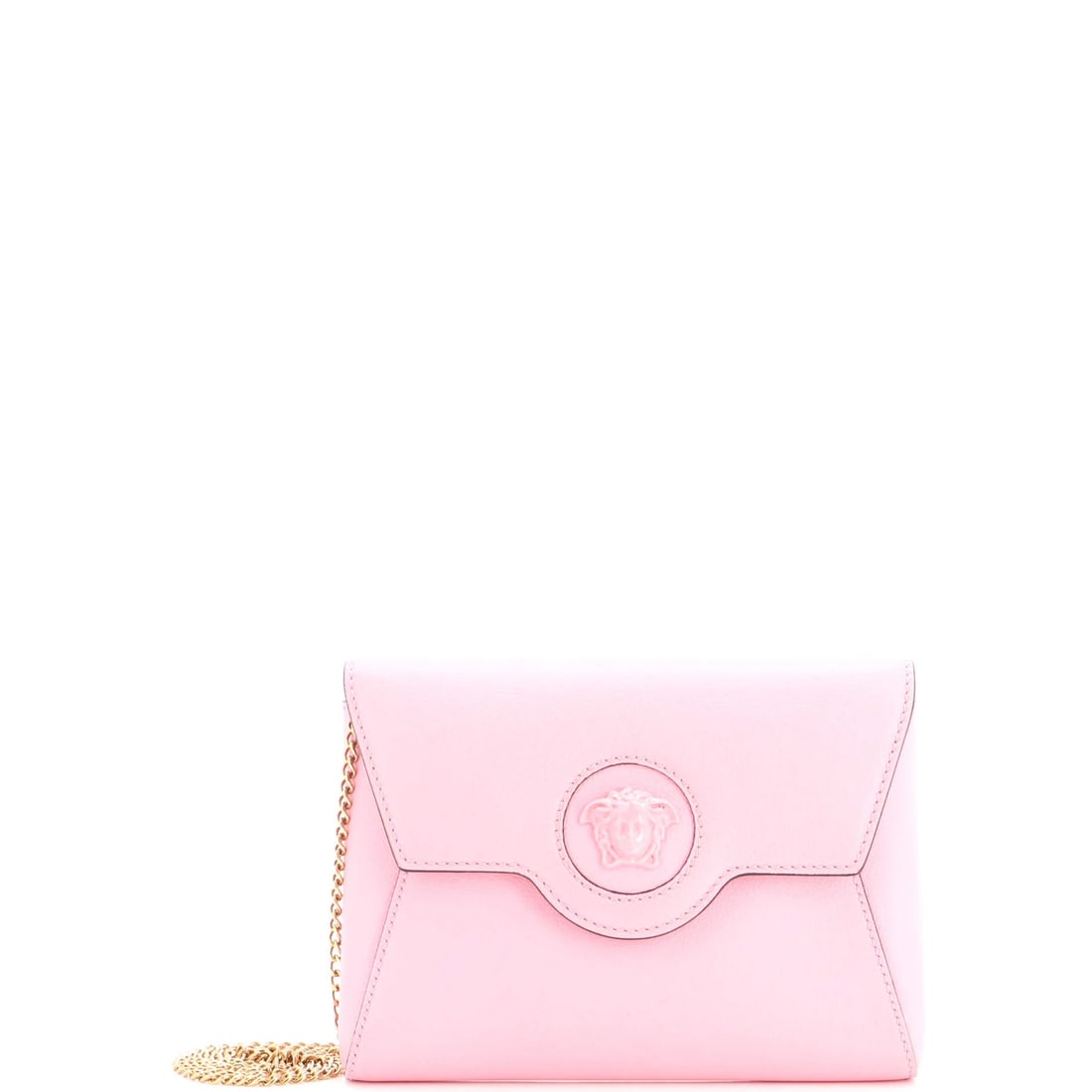 Leather chain clutch flap envelope medusa Versace: Leather chain clutch flap envelope medusa Versace Pink leather envelope flap clutch on chain from Versace's iconic La Medusa design, featuring gold hardware and minor scuffs. The exterior measures 6" 