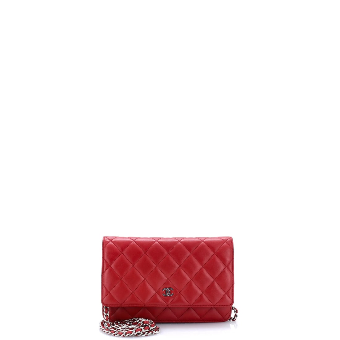 Lambskin quilted chain wallet by Chanel: Lambskin quilted chain wallet by Chanel Red quilted lambskin exterior, silver hardware, and interior in matching red fabric make up this cross body wallet on chain from Chanel. The item features a cla