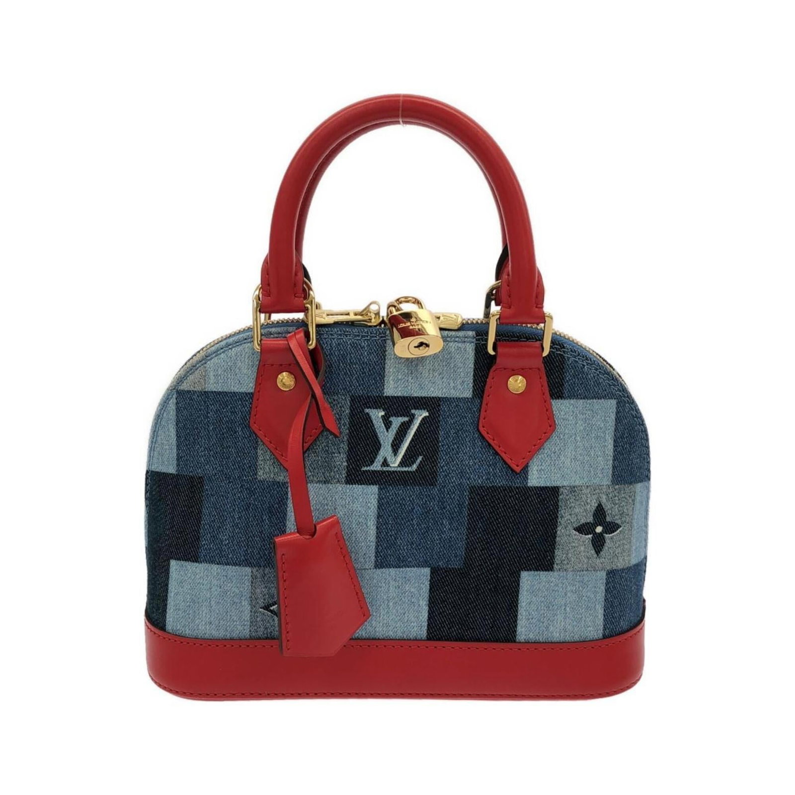 Handbag Denim Louis Vuitton: Handbag Denim Louis Vuitton Denim Louis Vuitton handbag with distinctive Rouge color and gold hardware stands out for its unique material choice. Measuring 17cm x 24cm x 11cm, the bag's compact size m