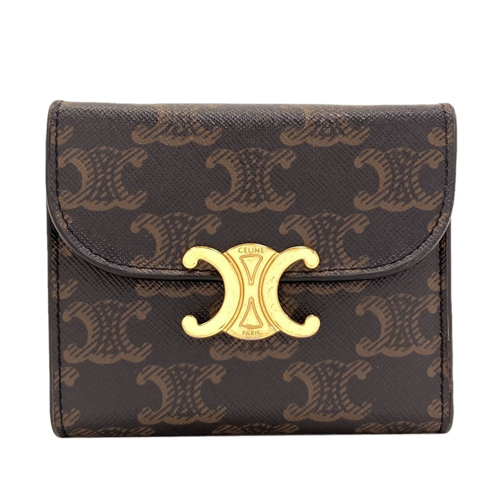 Celine Wallet Tri Fold Pvc: Celine Wallet Tri Fold Pvc The Celine Wallet Tri Fold Pvc is a compact, brown PVC wallet with a tri-fold design. Measuring 9cm x 10.5cm x 2.5cm, it features a sleek and modern aesthetic. Its durable