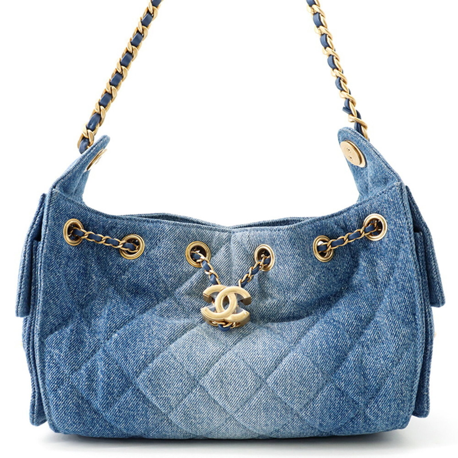 Chanel Handbag Bag Shoulder Denim: Chanel Handbag Bag Shoulder Denim Denim shoulder bag from the iconic Chanel Matelasse line, crafted in Italy with a classic blue hue and gold hardware. This stylish handbag measures 15cm x 22cm x 9.5c