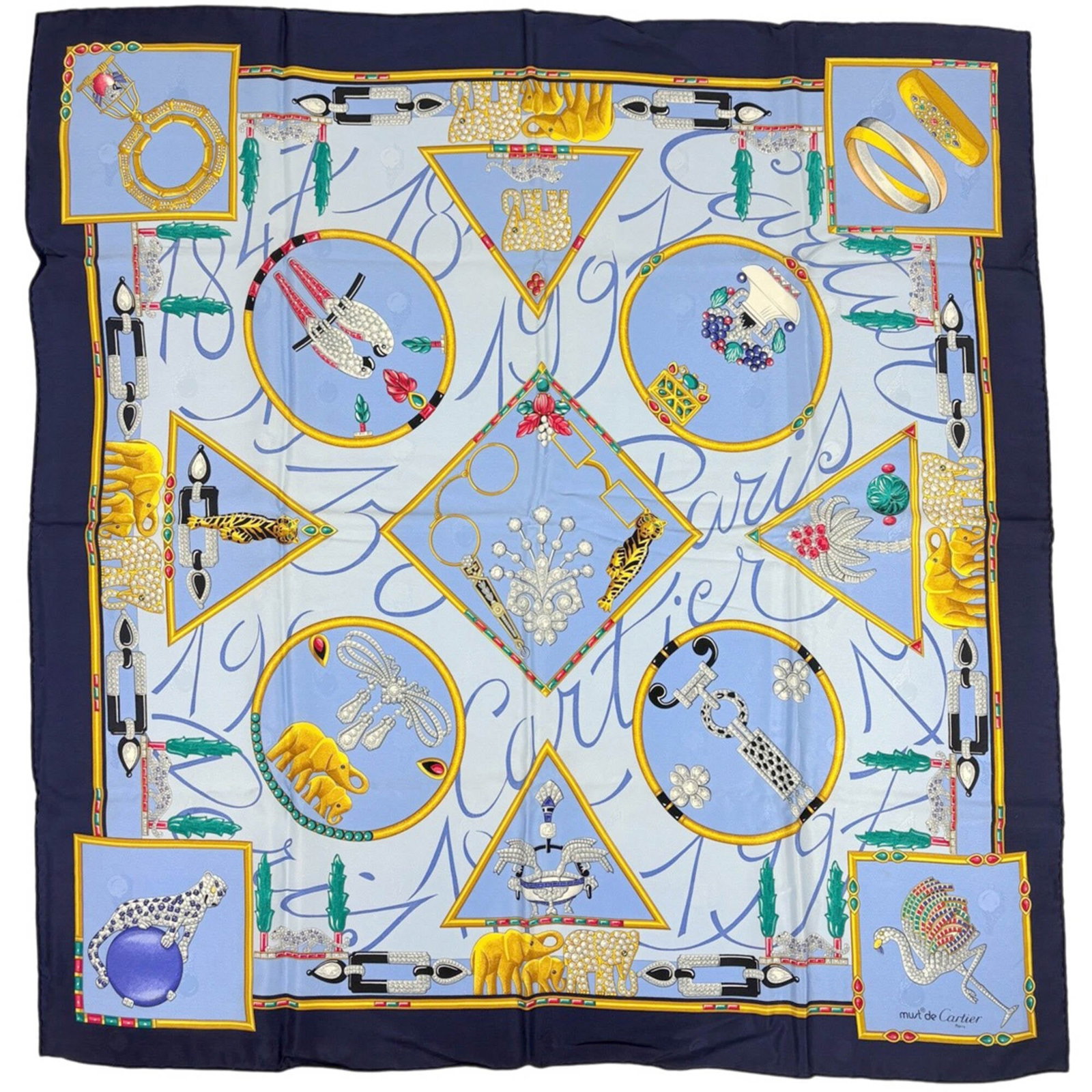 Silk Scarf Cartier: Silk Scarf Cartier Silk Scarf by Cartier, featuring a striking blue and multi-color design, made from high-quality silk material. Measuring 85cm x 88cm, this scarf boasts a classic size that's perfect