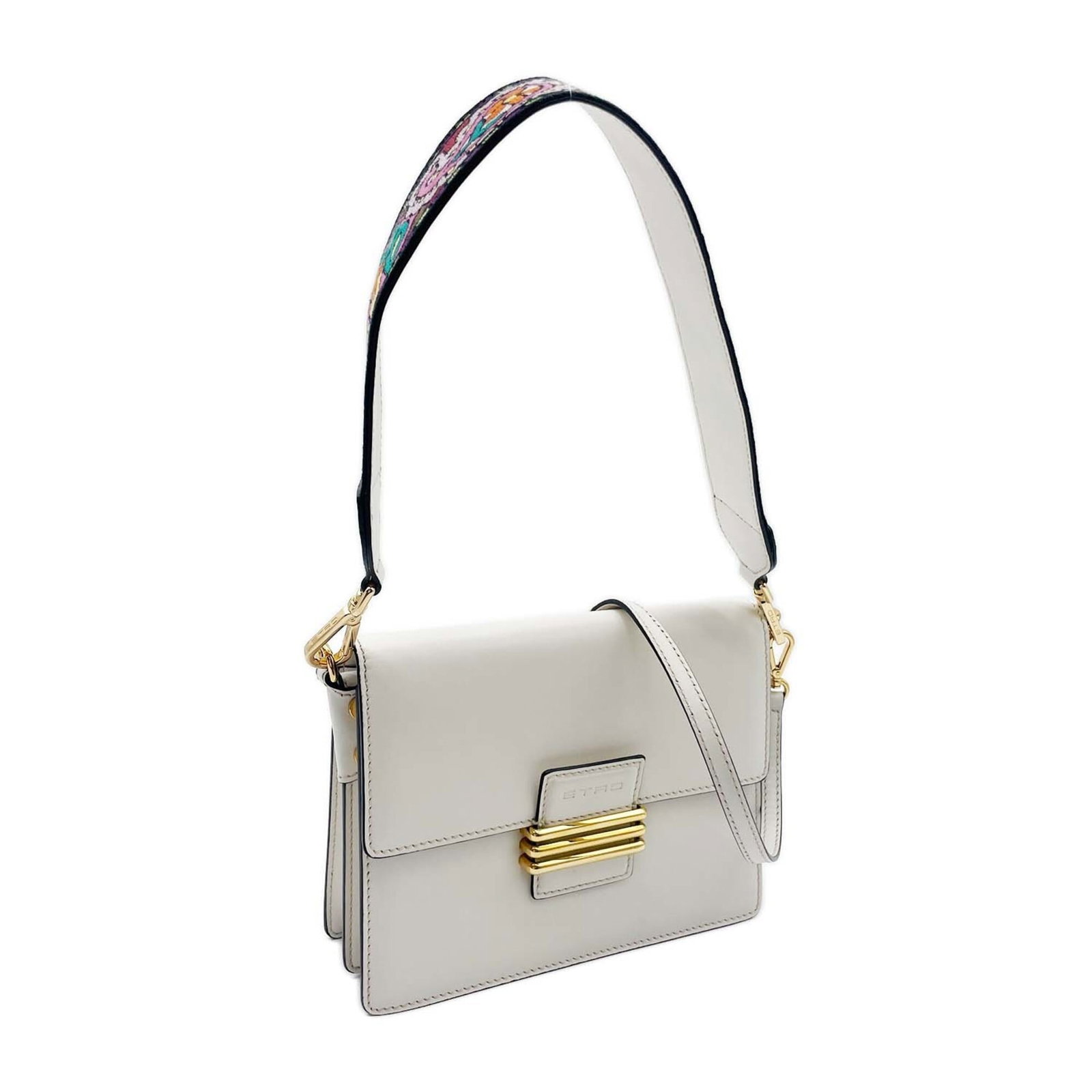 Etro Shoulder Bag Leather: Etro Shoulder Bag Leather Etro's signature multi-color, white leather shoulder bag boasts a unique design with a striking color combination. Measuring 19cm x 24.3cm x 8cm, it offers a stylish and