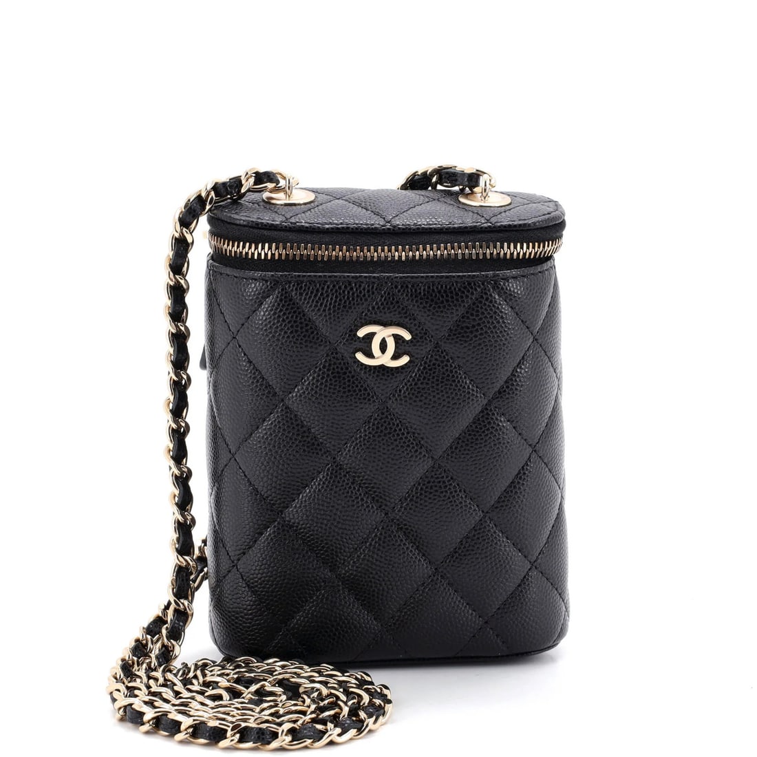 Classic Chanel Quilted Vanity Case with Chain Small Caviar Vertical: Classic Chanel Quilted Vanity Case with Chain Small Caviar Vertical The Classic Chanel Quilted Vanity Case with Chain Small Caviar Vertical boasts a timeless design, featuring quilted leather