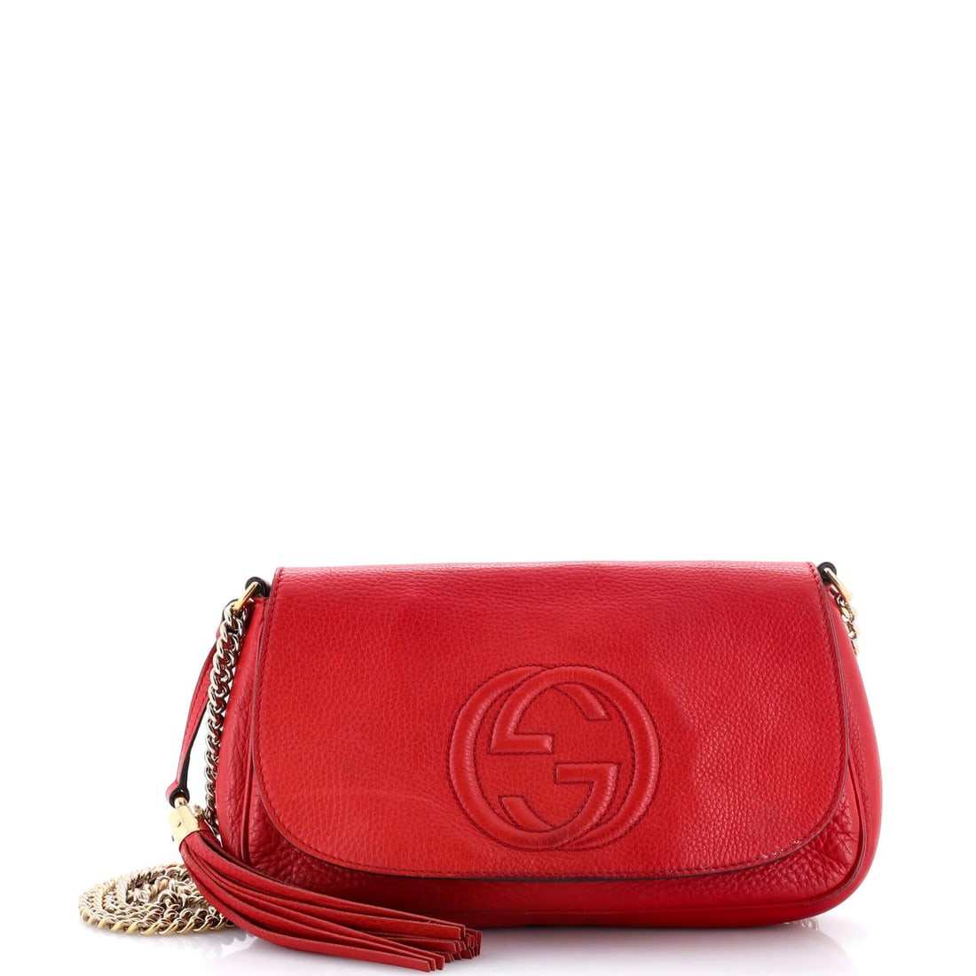 Chain Leather Bag Crossbody Gucci Soho Medium: Chain Leather Bag Crossbody Gucci Soho Medium Chain Leather Bag Crossbody Gucci Soho Medium features a striking red exterior with heavy corner wear, edge wear, scuffs, and minor creases. The bag's