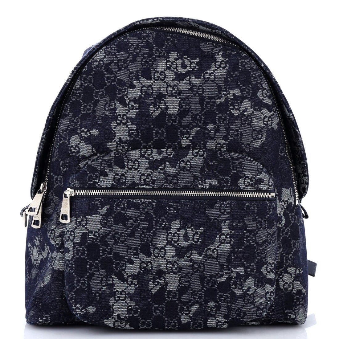 Camouflage Backpack With Zip Front Pocket Gucci GG Denim: Camouflage Backpack With Zip Front Pocket Gucci GG Denim Camouflage backpack with zip front pocket, featuring Gucci's iconic GG Denim design in blue. This stylish and functional backpack boasts minor
