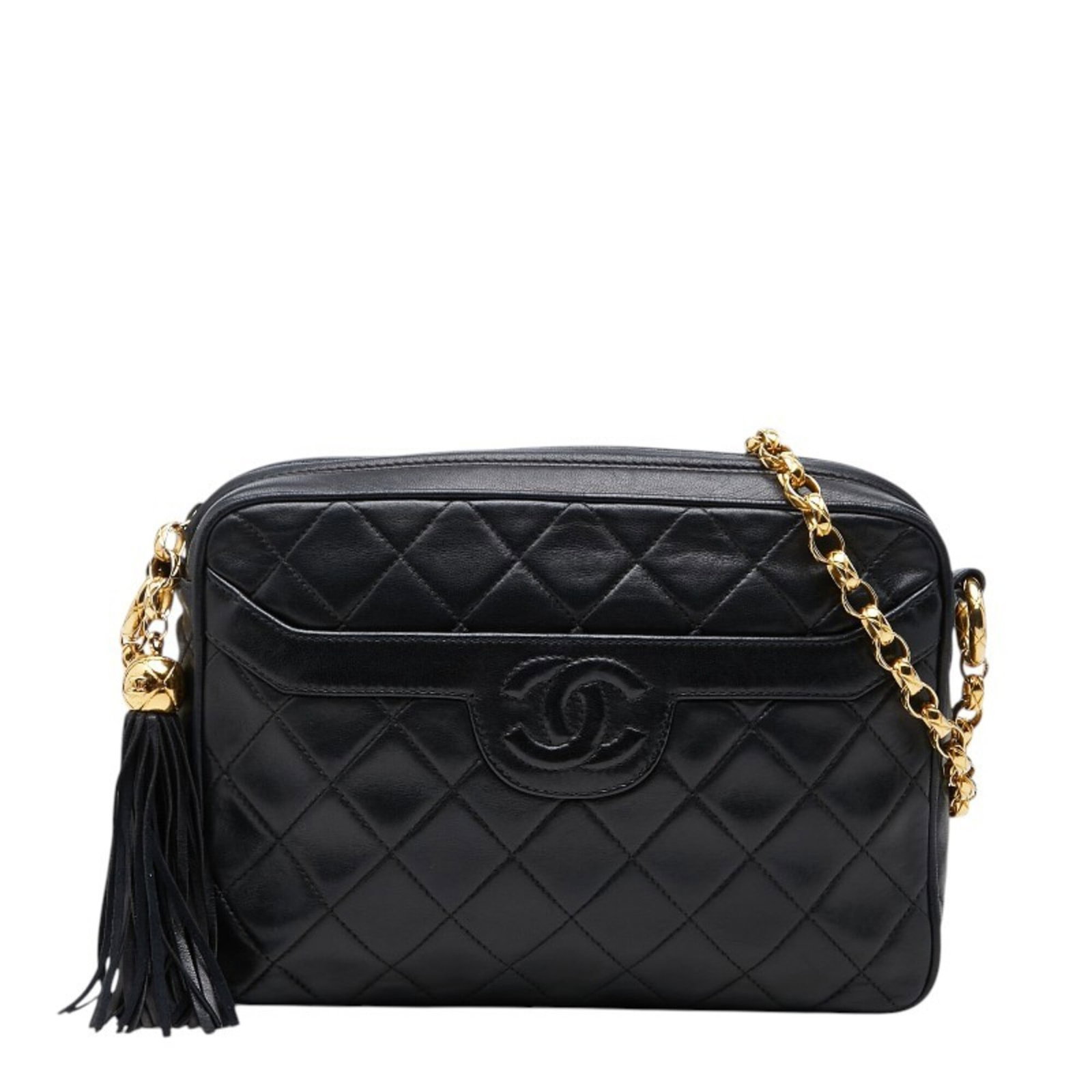 Shoulder Bag Leather Chanel: Shoulder Bag Leather Chanel Black lambskin leather shoulder bag from Chanel, measuring 16.5cm x 23cm x 6.5cm in size. This luxurious handbag features high-quality leather construction and a sleek desi