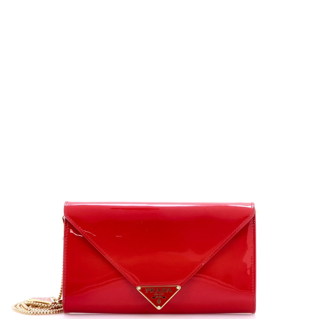 Patent Envelope Chain Logo Mini Clutch Triangle Prada: Patent Envelope Chain Logo Mini Clutch Triangle Prada Patent leather exterior and gold hardware add a touch of luxury to this mini Prada clutch, featuring the iconic triangle logo envelope chain desig