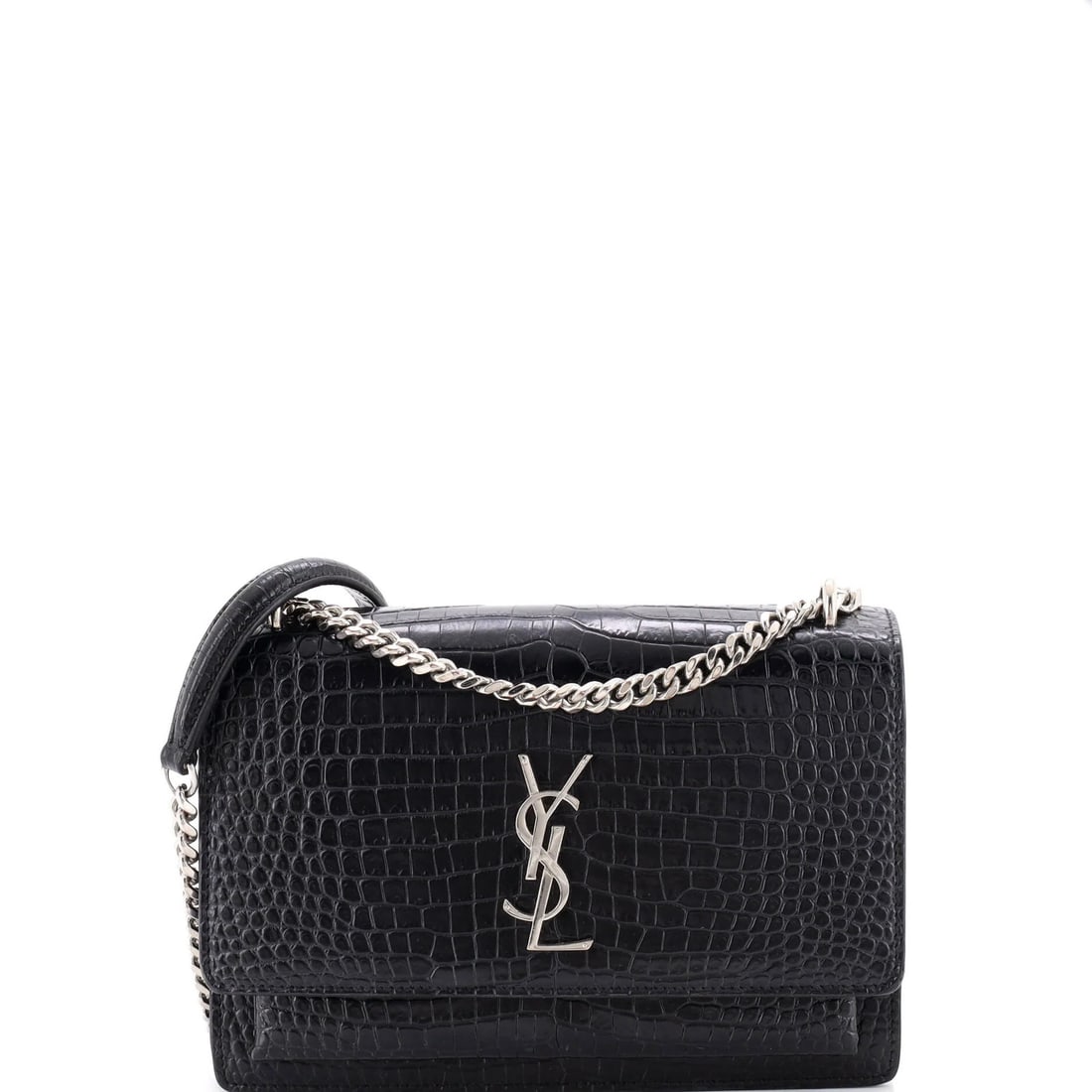 Saint Laurent Crocodile Embossed Leather Bag Crossbody Medium: Saint Laurent Crocodile Embossed Leather Bag Crossbody Medium Black crocodile embossed leather medium crossbody bag from Saint Laurent, featuring silver hardware and interior made of leather, microfib