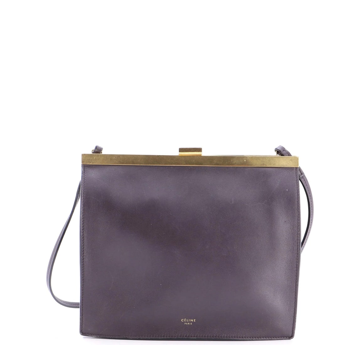 Celine Clasp Crossbody Bag Leather Mini: Celine Clasp Crossbody Bag Leather Mini The Celine Clasp Crossbody Bag Leather Mini boasts sleek, gray leather exterior with subtle scuffs and minor creases. Its compact size measures 8" in height, 9"