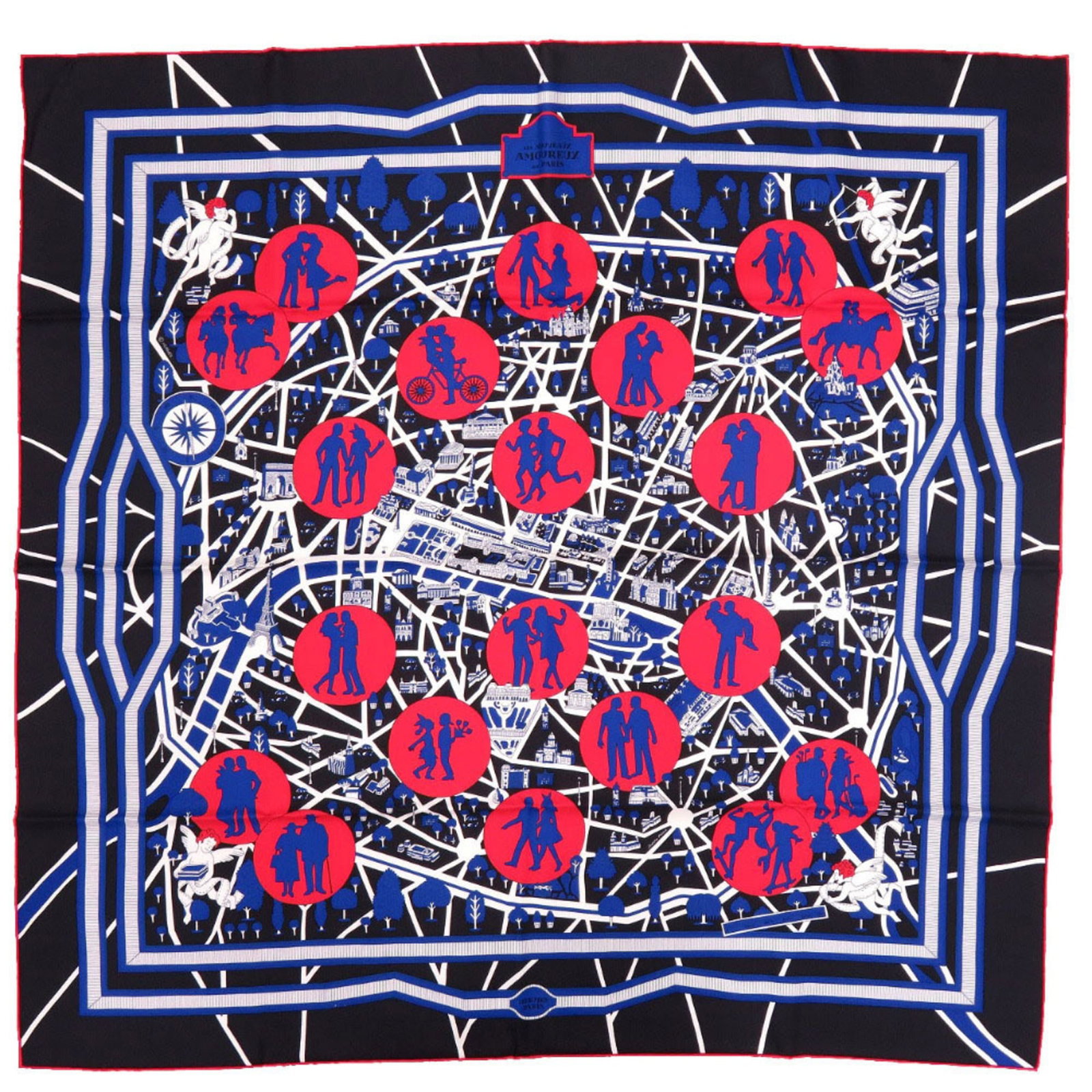 Hermes Silk Scarf: Hermes Silk Scarf Silk from France, this Hermes scarf features a bold black color and is presented in its original box. The item bears a signature, a notable detail about the piece. A luxurious access