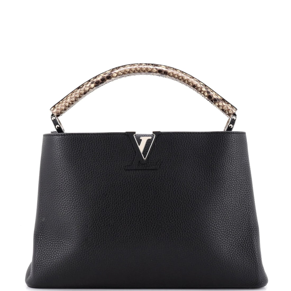 Louis Vuitton Capucines Bag with Leather Python MM: Louis Vuitton Capucines Bag with Leather Python MM Black Leather Python MM Louis Vuitton Capucines Bag with silver hardware and a classic top handle design, featuring scuffs, cracking, edge wear, corn