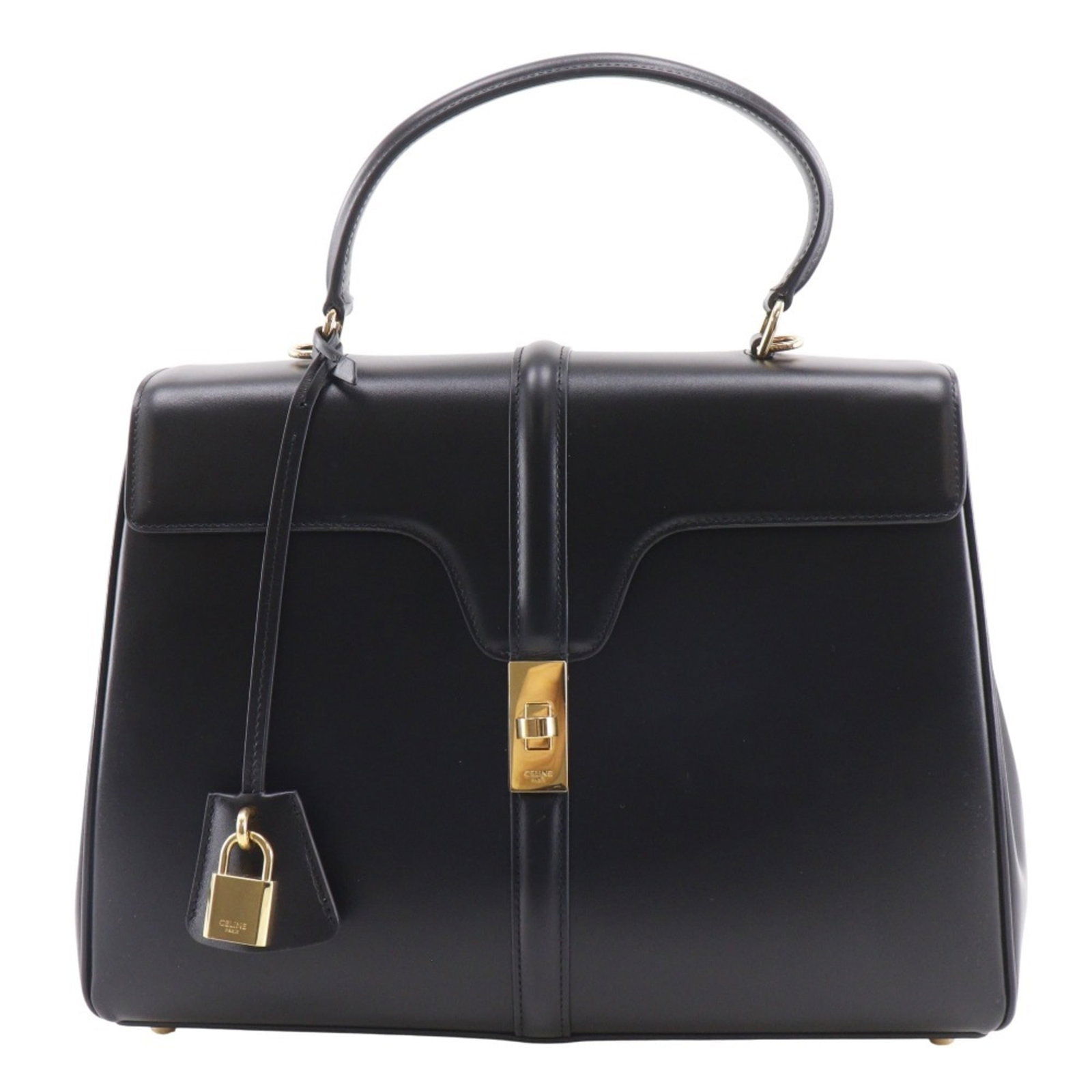 Handbag Celine Leather: Handbag Celine Leather Classic black leather design with turn lock closure, ideal for everyday use. Made from high-quality Celine leather, this timeless handbag features a sleek and sophisticated styl