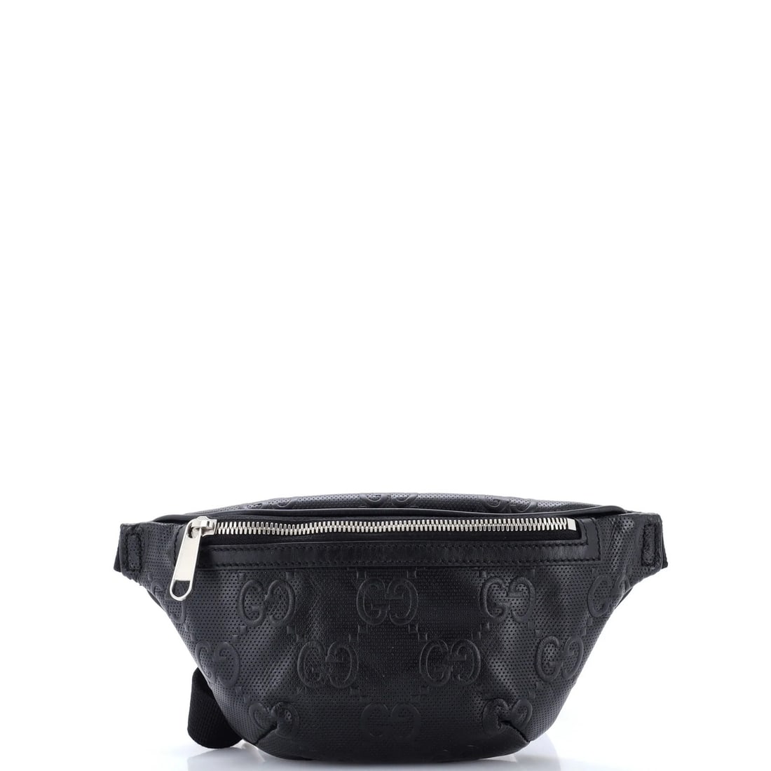 Gucci Small Leather Belt Embossed Bag Perforated GG: Gucci Small Leather Belt Embossed Bag Perforated GG Small Leather Belt Bag from Gucci, featuring an embossed GG design and perforated leather exterior in black. The bag measures 6" high, 7" wide, and