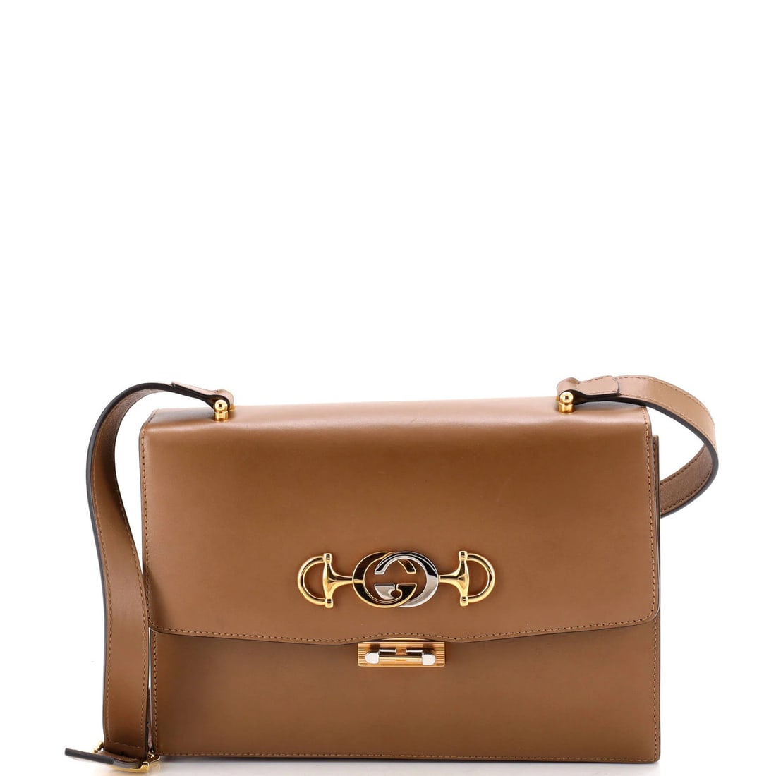Small Gucci Leather Flap Zumi Shoulder Bag: Small Gucci Leather Flap Zumi Shoulder Bag Small Gucci Leather Flap Zumi Shoulder Bag, featuring high-quality brown leather exterior with gold and silver hardware. Measuring 6.5" tall, 9" wide, and 3"