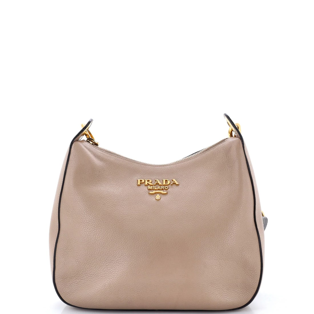 Vitello Medium Striped Hobo Prada Daino Strap: Vitello Medium Striped Hobo Prada Daino Strap Vitello Medium Striped Hobo Prada Daino Strap features a neutral exterior with subtle corner wear and minor creases, showcasing the timeless elegance of