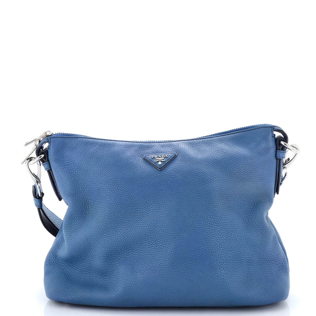 Vitello Daino Zip Shoulder Bag Medium: Vitello Daino Zip Shoulder Bag Medium Vitello Daino Zip Shoulder Bag Medium for sale, featuring blue leather exterior with scuffs and edge wear. This medium-sized bag boasts a stylish design with