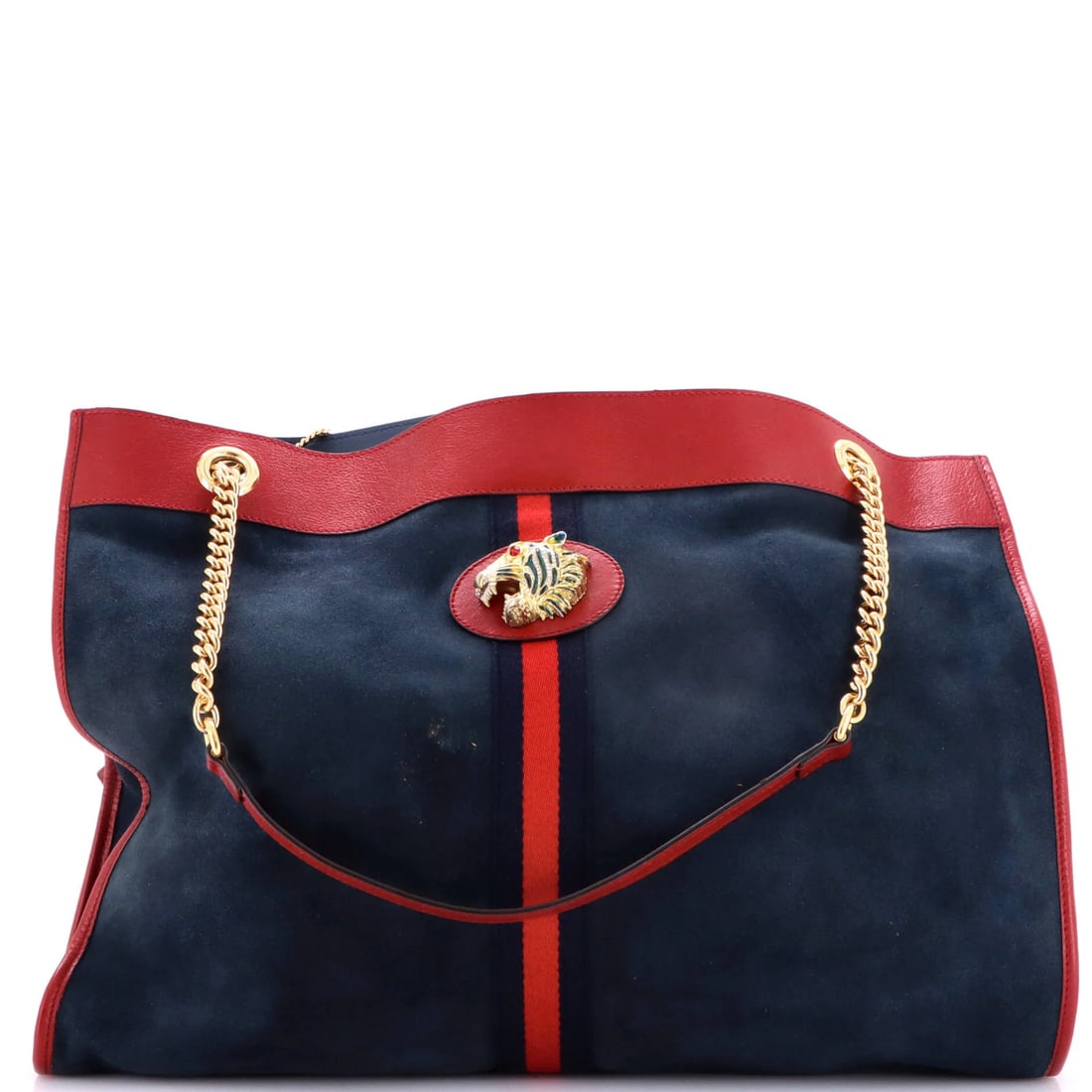 Large suede tote chain by Gucci: Large suede tote chain by Gucci Suede chain tote by Gucci in blue, featuring a large size with gold hardware and leather interior. The exterior shows minor scuffs, creases, and edge wear, while the