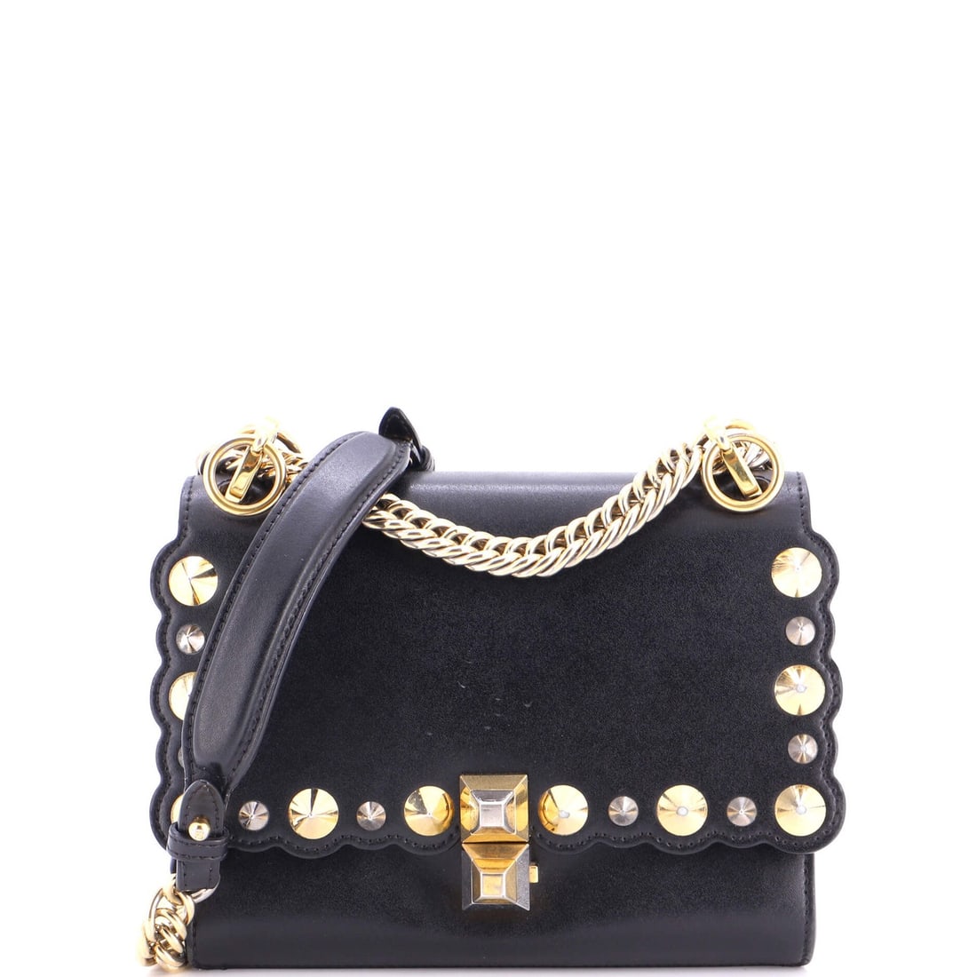 Fendi Kan Small Bag Leather Studded I: Fendi Kan Small Bag Leather Studded I Small but stylish, the Fendi Kan I Bag Studded Leather Small features heavy discoloration throughout its black leather exterior, with scuffs and creases adding a