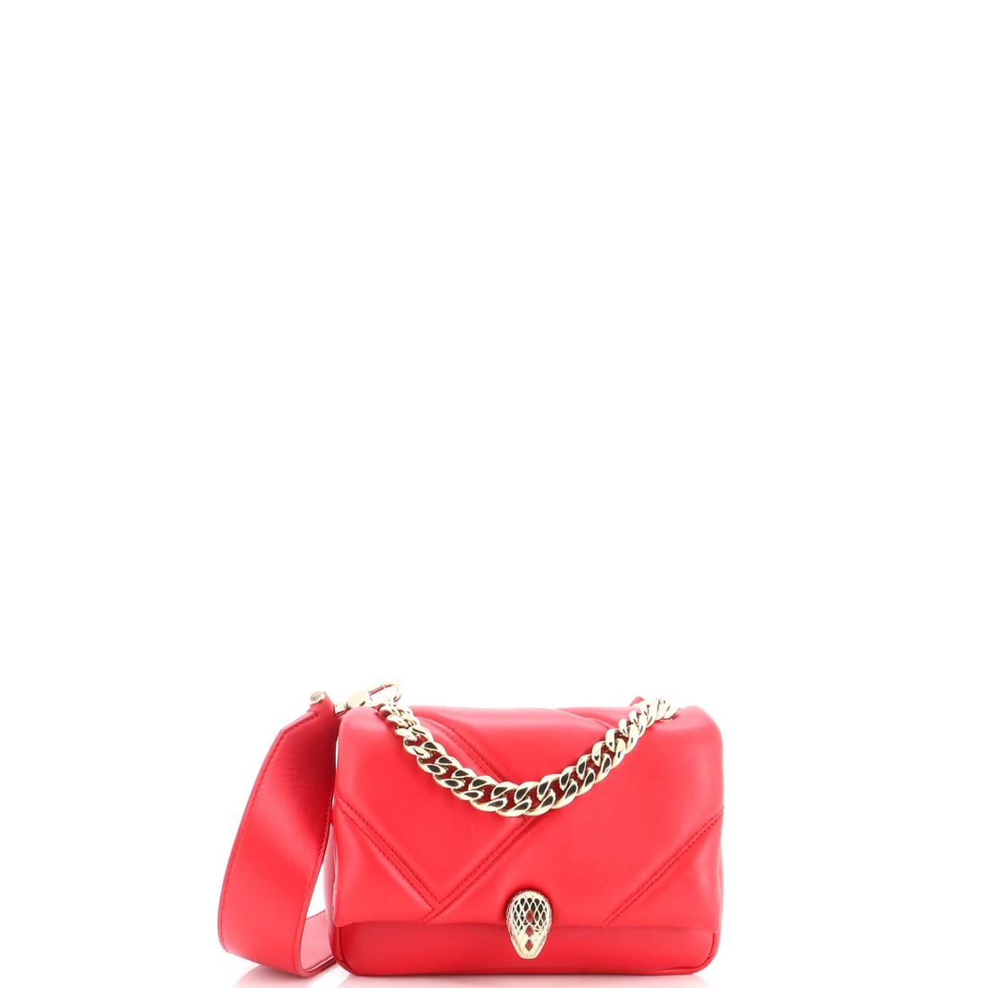 Serpenti mini quilted leather cabochon shoulder bag by Bvlgari: Serpenti mini quilted leather cabochon shoulder bag by Bvlgari The Bvlgari Serpenti mini quilted leather cabochon shoulder bag boasts a striking red exterior with intricate diagonal quilting, adding