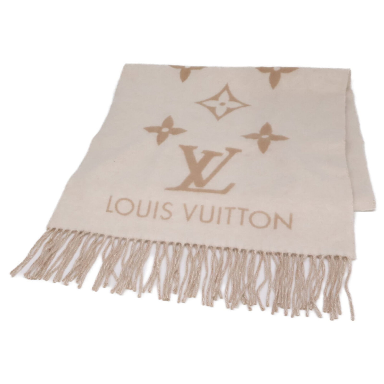 Louis Vuitton Stole Cashmere: Louis Vuitton Stole Cashmere Cashmere stole from Louis Vuitton, measuring 1.9m x 47cm in size, boasts a natural beige hue and luxurious cashmere material. The stole bears a signature, highlighting the