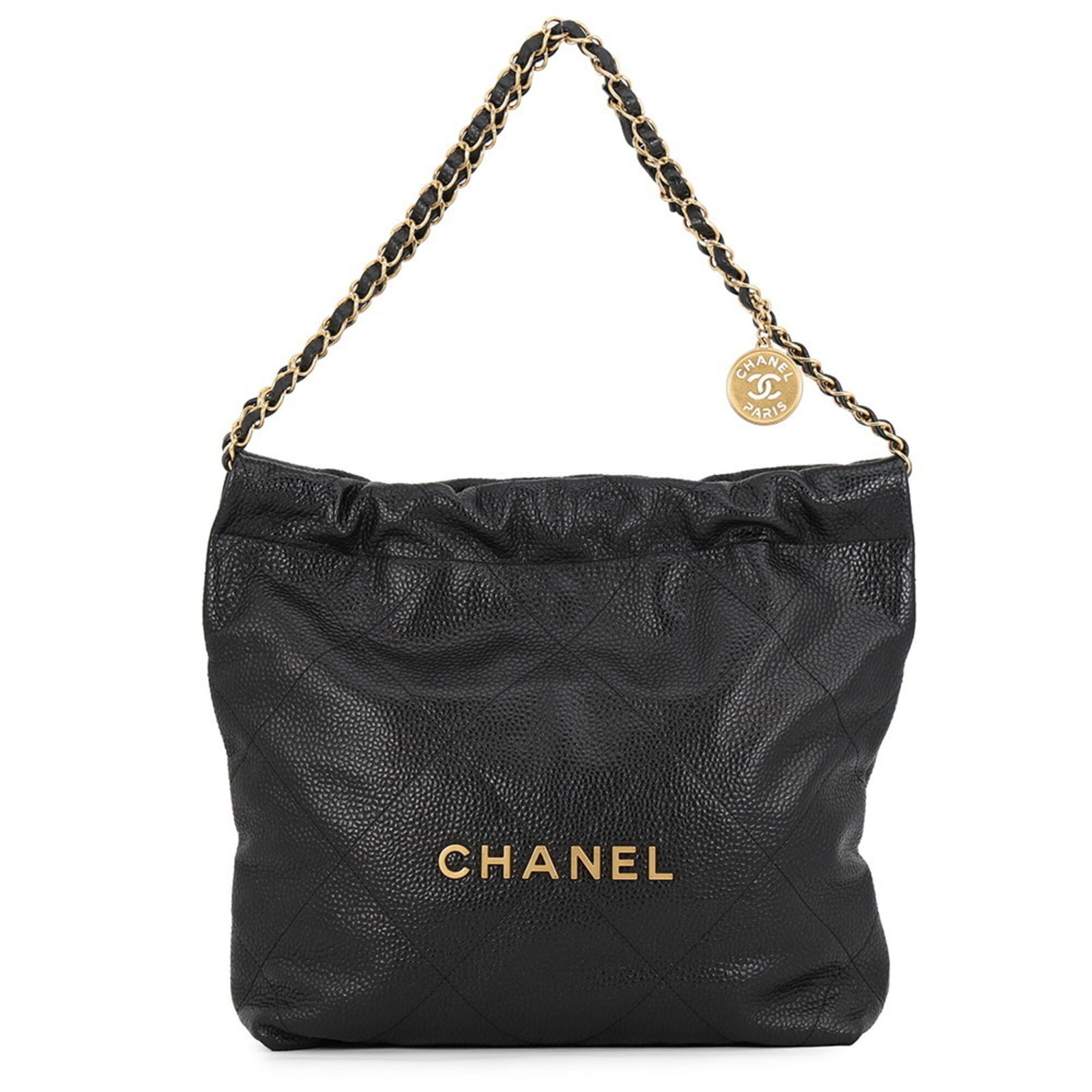 Calfskin Handbag by Chanel: Calfskin Handbag by Chanel Calfskin Handbag by Chanel features a classic design with a timeless black color and gold hardware, crafted from high-quality grained calfskin. Measuring 30cm x 29cm x 8cm, 