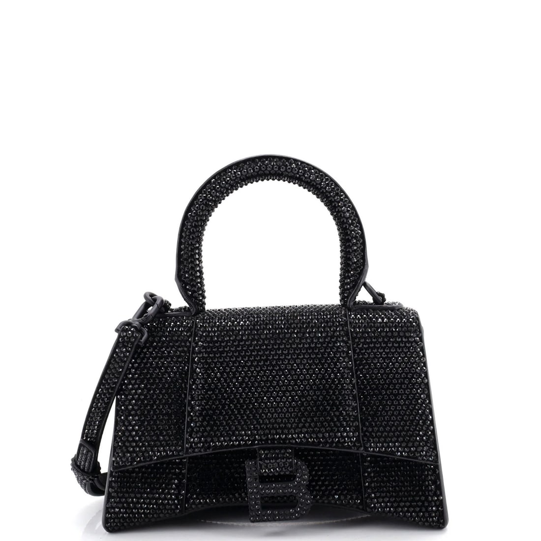 Handle bag top suede crystals hourglass Balenciaga with XS: Handle bag top suede crystals hourglass Balenciaga with XS Crystal suede crystals adorn the sleek black exterior of this Balenciaga hourglass top handle bag, featuring a sturdy XS size and adjustable