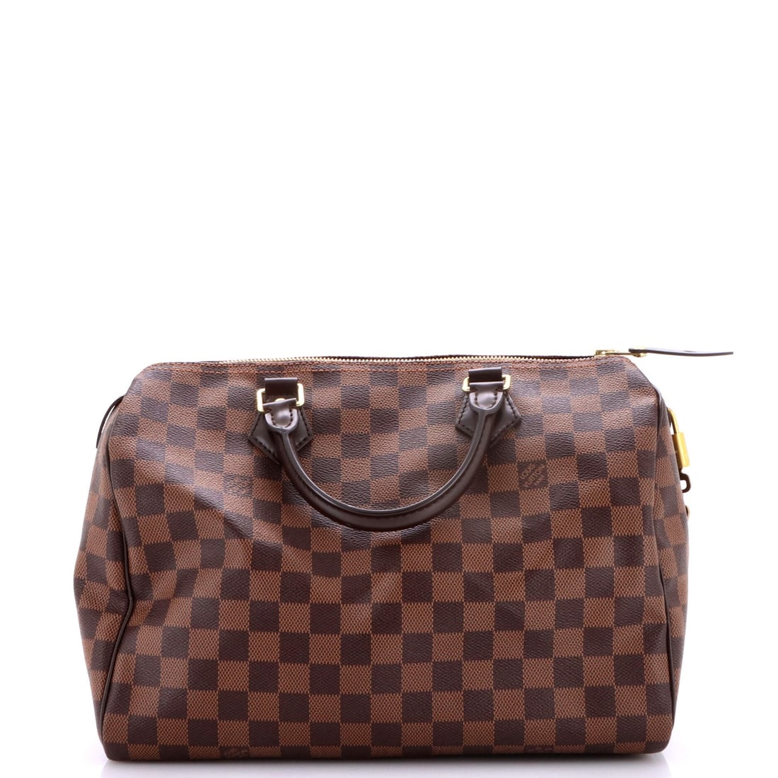 Vuitton Speedy Louis Handbag Damier: Vuitton Speedy Louis Handbag Damier The iconic Louis Vuitton Speedy Louis Handbag Damier boasts a timeless design with scuffed, edge-worn exterior and minor discoloration. Measuring 30 inches in size,
