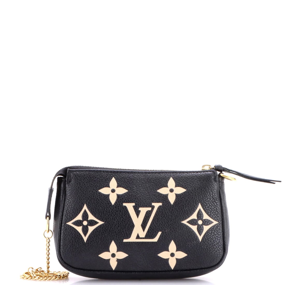 Louis Vuitton Mini Giant Monogram Empreinte Bicolor Accessoires: Louis Vuitton Mini Giant Monogram Empreinte Bicolor Accessoires Black leather mini clutch with giant monogram empreinte bicolor design, measuring 4" tall and 5.5" wide, features gold hardware and