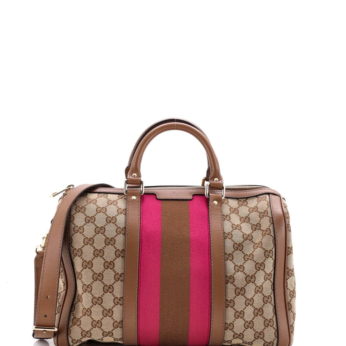 Gucci Vintage Web Boston Bag GG Canvas Medium: Gucci Vintage Web Boston Bag GG Canvas Medium The Gucci Vintage Web Boston Bag GG Canvas Medium boasts a timeless design with a rich brown canvas exterior, complemented by gold-tone hardware. Measurin