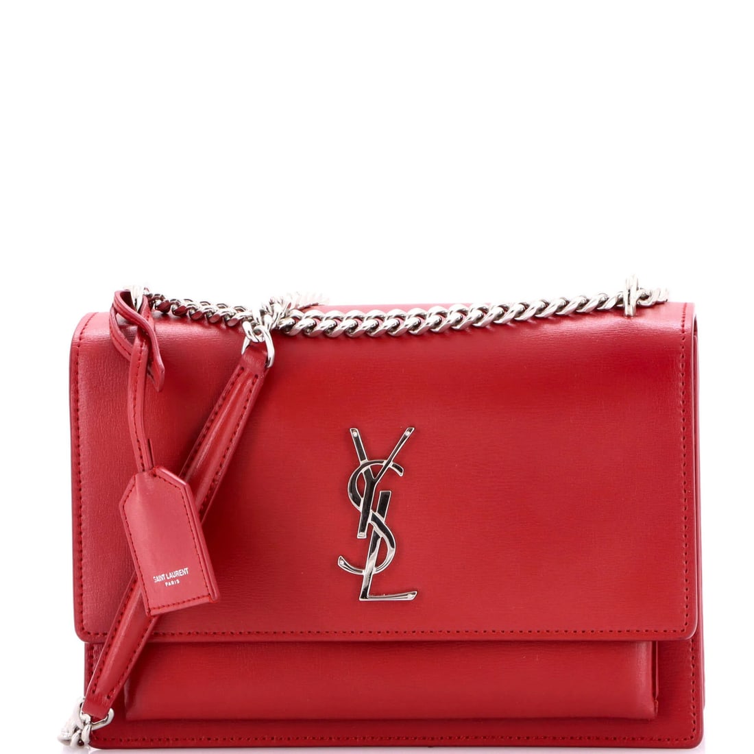 Laurent Saint Medium Leather Crossbody Sunset Bag: Laurent Saint Medium Leather Crossbody Sunset Bag The Saint Laurent Medium Leather Crossbody Sunset Bag boasts a striking red exterior with minor scuffs, creases, and edge wear. Its suede interior com